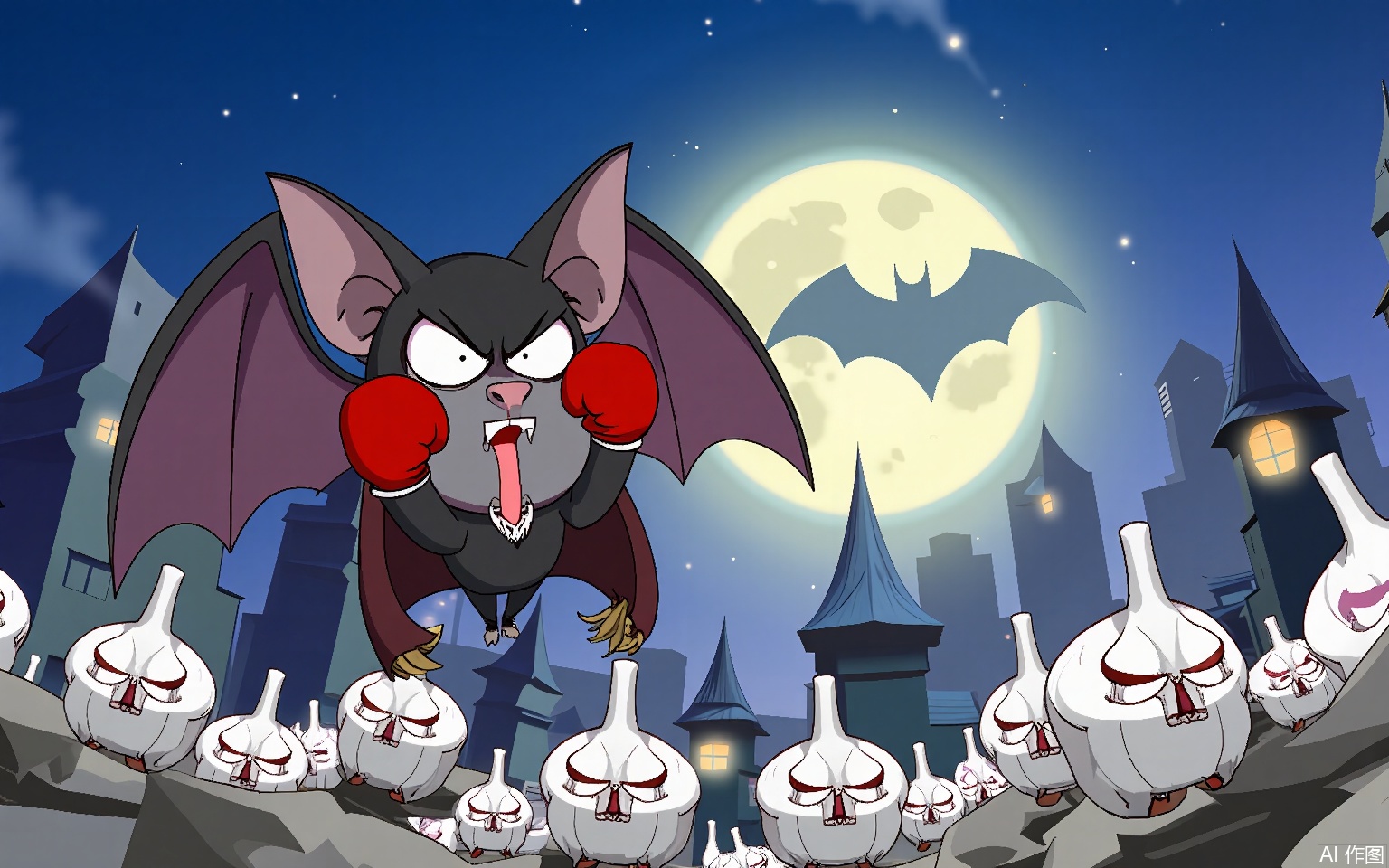 KXCC, 
A terrified vampire bat in a tiny cape flaps wildly, fangs chattering, as a garlic bulb with boxing gloves winds up a punch, moonlit castle towers crumbling under a stampede of garlic-themed monsters.
