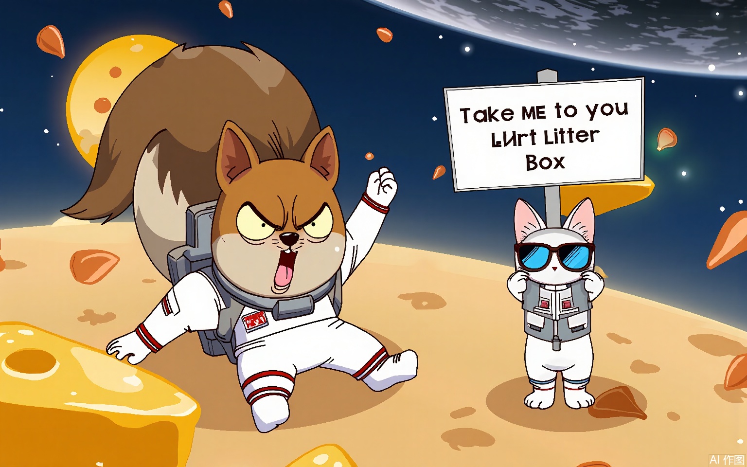 KXCC, 
A flustered squirrel in a tiny astronaut suit spins wildly, antennae twitching, as a calm alien cat wearing sunglasses floats nearby, holding a "Take Me to Your Litter Box" sign, amidst floating cheese-moon craters and carrot-rocket debris.

