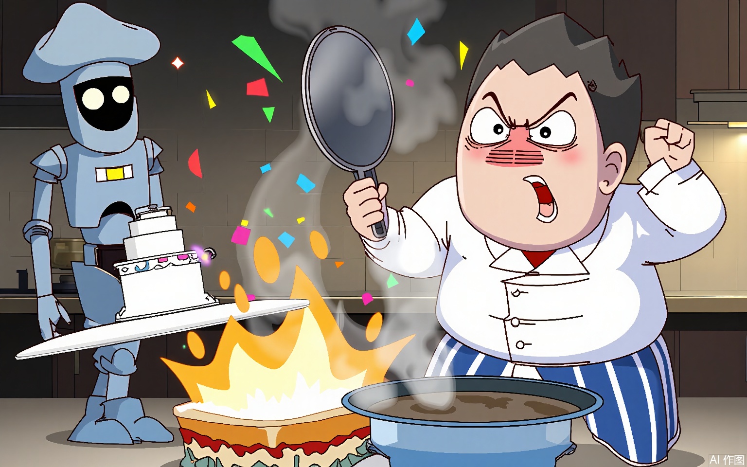 KXCC, 
A chubby chef in a striped apron jumps in surprise, holding a smoking frying pan, while a slender robot with glowing eyes cowers behind a toppled cake stand, confetti exploding in rainbow bursts around a kitchen with sentient utensils.