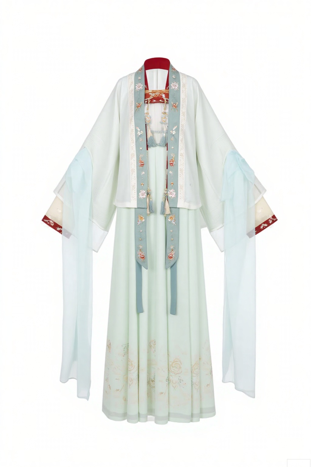 Style:
 
- Han - style silhouette
- Traditional East - Asian cross - collar robe
- Floor - length dress
 
Colors:
 
- Light mint green
- Teal and sage green stripes
- Vivid crimson red (at the collar)
 
Patterns:
 
- Intricate floral motifs
- Delicate ornamental designs
 
Details:
 
- Long, flowing sleeves
- Tasseled embellishments
- Decorative pendants
- Soft, flowing fabric drape