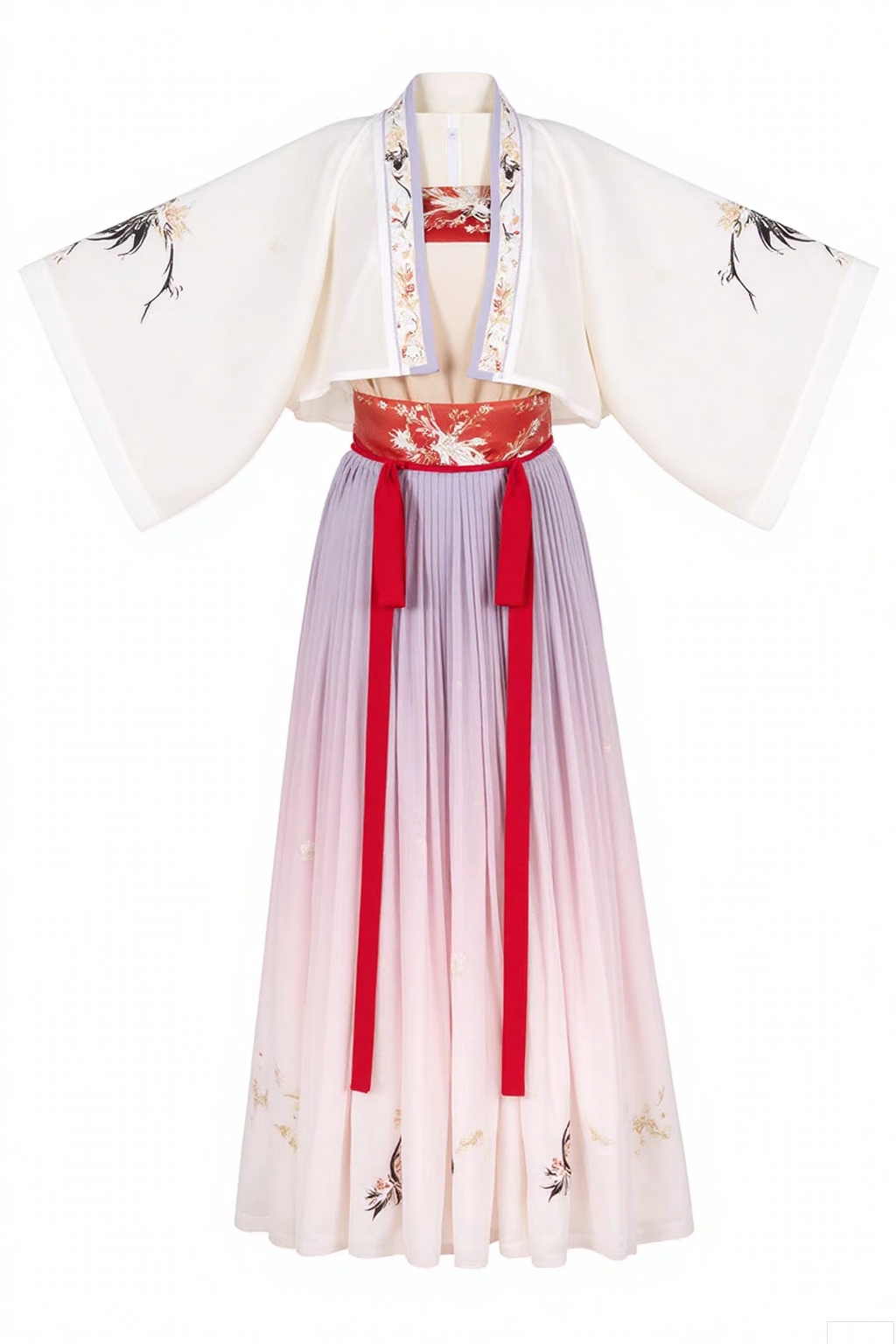 Style
 
- Traditional Han - style dress
- Cross - collar with wide sleeves
- Floor - length gown
 
Colors
 
- Ivory - white on sleeves and upper part
- Gradient from lavender to pale pink on the skirt
- Vivid red for the sash and decorative band
 
Patterns
 
- Exquisite floral embroidery on red band and skirt bottom
- Black crane pattern on the sleeve
 
Details
 
- Pleated skirt for flowing effect
- Long red sashes for tying at the waist
- Delicate stitching and finish