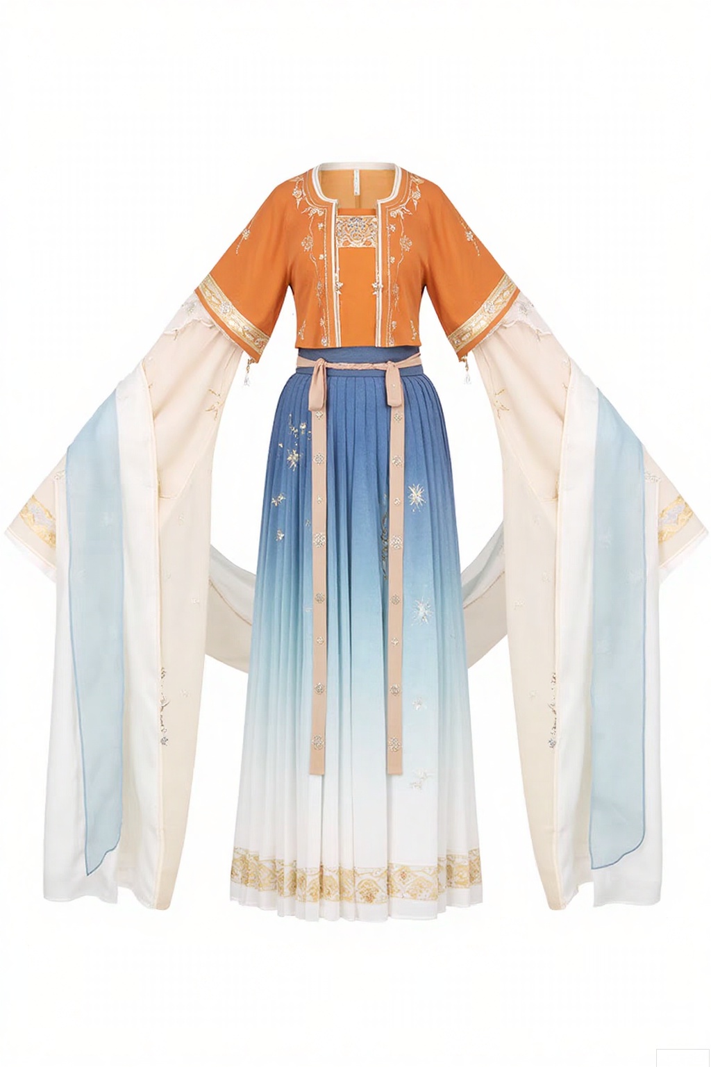 Style
 
- Traditional Han - style costume
- Two - piece set with an upper garment and a skirt
- Short - sleeved top with extended sheer sleeves
 
Colors
 
- Vibrant orange for the main upper garment
- Light beige for the extended sleeves
- Gradient from light blue to white for the inner skirt
- Deep blue for the sashes
 
Patterns
 
- Intricate embroidery in gold and light blue on the upper garment
- Delicate decorative patterns along the hem of the upper garment and sashes
 
Details
 
- Sheer fabric on the extended sleeves with subtle embellishments
- Multiple flowing sashes for a dynamic look
- Exquisite stitching and finish