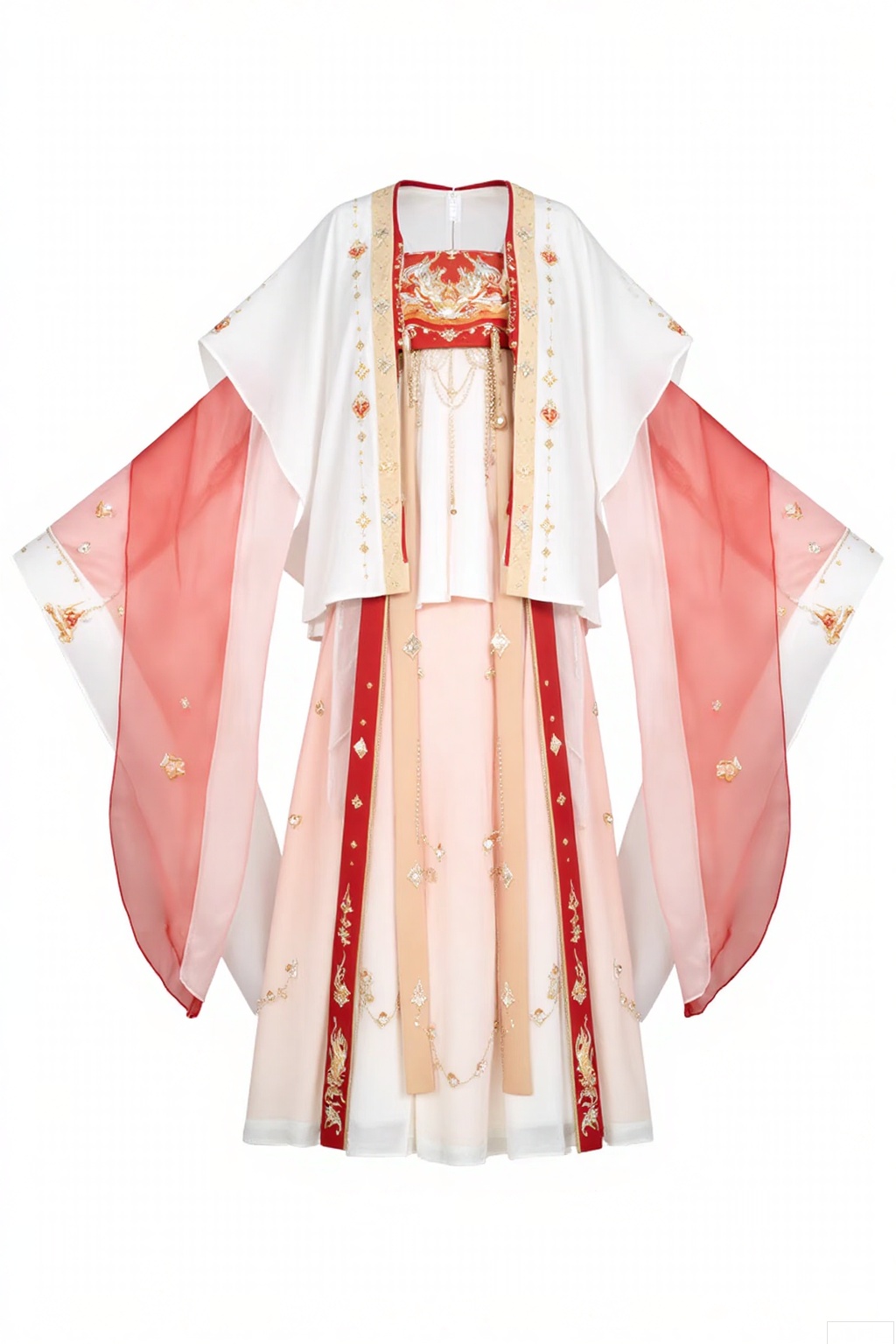 Style
 
- Traditional Han - style attire
- Long - sleeved, floor - length robe with wide, flowing sleeves
- Features a fitted bodice and an A - line skirt
 
Colors
 
- Main color is pure white
- Accented with rich red on the bodice and sleeve edges
- Gold embroidery for decorative details
 
Patterns
 
- Elaborate flame - inspired motifs in red and gold
- Geometric and dotted patterns in gold for embellishment
 
Details
 
- Intricate gold - threaded embroidery throughout
- Delicate beadwork and chain - like adornments on the bodice
- Sheer red fabric panels on the sleeves for a layered effect
- Exquisite finishing with neat seams and hem