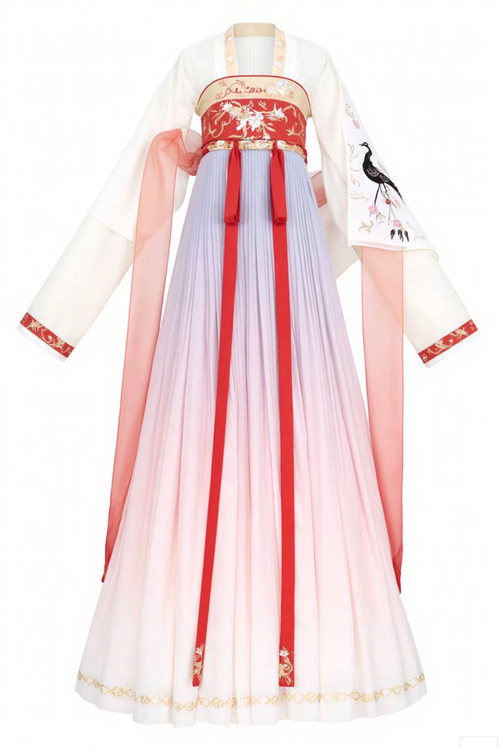 Style
 
- Traditional Han - style dress
- Cross - collar with wide sleeves
- Floor - length gown
 
Colors
 
- Ivory - white on sleeves and upper part
- Gradient from lavender to pale pink on the skirt
- Vivid red for the sash and decorative band
 
Patterns
 
- Exquisite floral embroidery on red band and skirt bottom
- Black crane pattern on the sleeve
 
Details
 
- Pleated skirt for flowing effect
- Long red sashes for tying at the waist
- Delicate stitching and finish