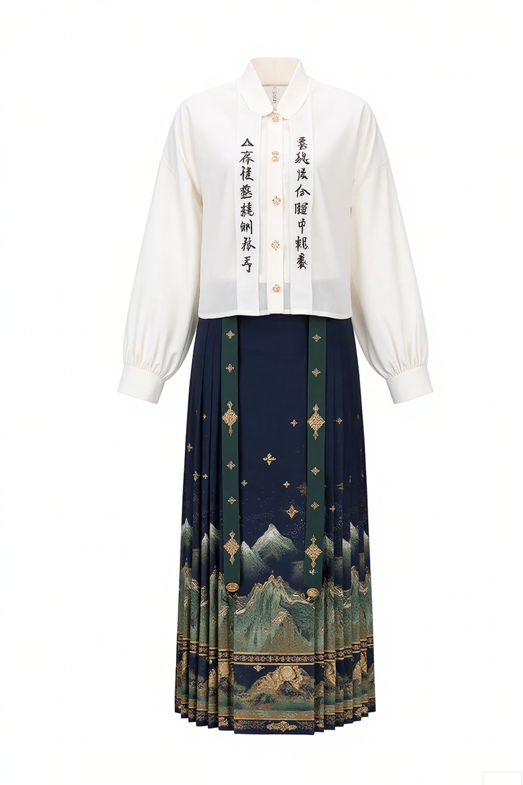 Style
 
- Modern - traditional fusion outfit
- High - collar, long - sleeved blouse paired with a long skirt
- Blouse with button - up front and gathered sleeves; skirt with side ties
 
Colors
 
- Crisp white for the blouse
- Deep navy blue for the skirt
- Accents of green and gold in the skirt's pattern
 
Patterns
 
- Calligraphy in black ink on the blouse
- Mountain - landscape motif in green and gold on the skirt
- Subtle star - like patterns in gold on the upper part of the skirt
 
Details
 
- Delicate button details on the blouse
- Smooth, flowing fabric for the skirt
- Neatly finished hems and seams