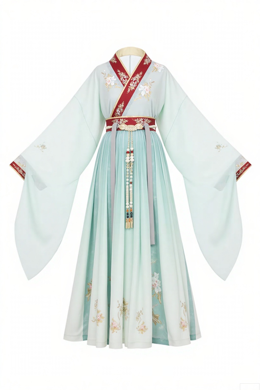 Style:
 
- Han - style silhouette
- Traditional East - Asian cross - collar robe
- Floor - length dress
 
Colors:
 
- Light mint green
- Teal and sage green stripes
- Vivid crimson red (at the collar)
 
Patterns:
 
- Intricate floral motifs
- Delicate ornamental designs
 
Details:
 
- Long, flowing sleeves
- Tasseled embellishments
- Decorative pendants
- Soft, flowing fabric drape