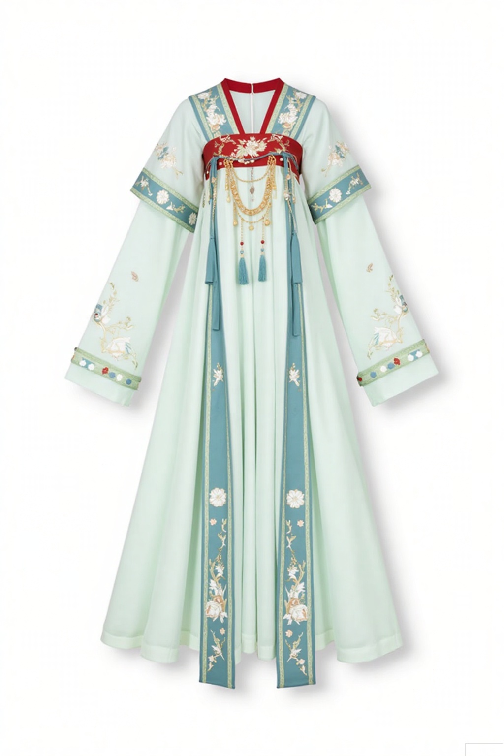 Style:
 
- Han - style silhouette
- Traditional East - Asian cross - collar robe
- Floor - length dress
 
Colors:
 
- Light mint green
- Teal and sage green stripes
- Vivid crimson red (at the collar)
 
Patterns:
 
- Intricate floral motifs
- Delicate ornamental designs
 
Details:
 
- Long, flowing sleeves
- Tasseled embellishments
- Decorative pendants
- Soft, flowing fabric drape