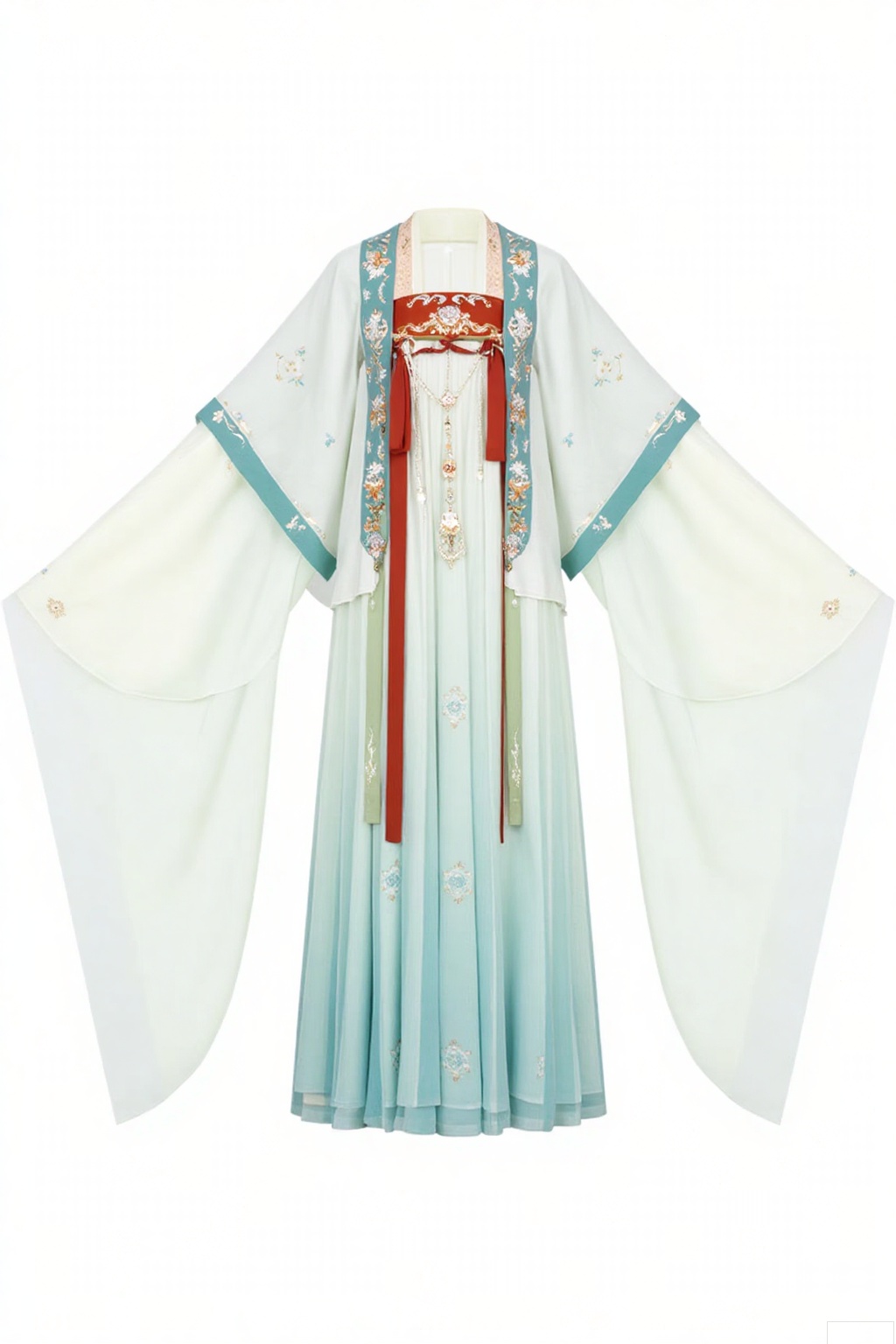 Style:
 
- Han - style silhouette
- Traditional East - Asian cross - collar robe
- Floor - length dress
 
Colors:
 
- Light mint green
- Teal and sage green stripes
- Vivid crimson red (at the collar)
 
Patterns:
 
- Intricate floral motifs
- Delicate ornamental designs
 
Details:
 
- Long, flowing sleeves
- Tasseled embellishments
- Decorative pendants
- Soft, flowing fabric drape
