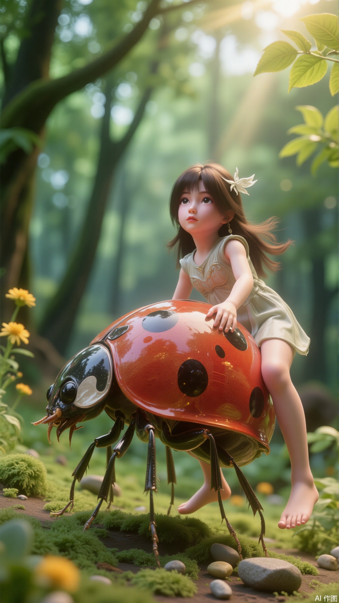 A scene full of childishness and fantasy colors, a beautiful girl, barefoot. A ladybug is huge in size, with black spots on its red back shell, clear details of the ladybug's tentacles and legs, and the ladybug's back shell is smooth and shiny. The girl rode on the ladybug's back, and the girl looked at the ladybug's head, as if communicating with it. There are green moss and small pebbles on the ground, surrounded by small yellow flowers, and the background is blurred forests or woods, and the sun shines through the leaves. Fantasy and fairy tale scenes, a quiet and mysterious atmosphere. The girl looks both curious and a little cautious, and the overall picture conveys a feeling of innocence and dreaminess. The girl and ladybug are located in the middle of the picture, and the surrounding natural elements form a natural frame. Looking at the angle of the head, it seems that the viewer is at the same height as the girl