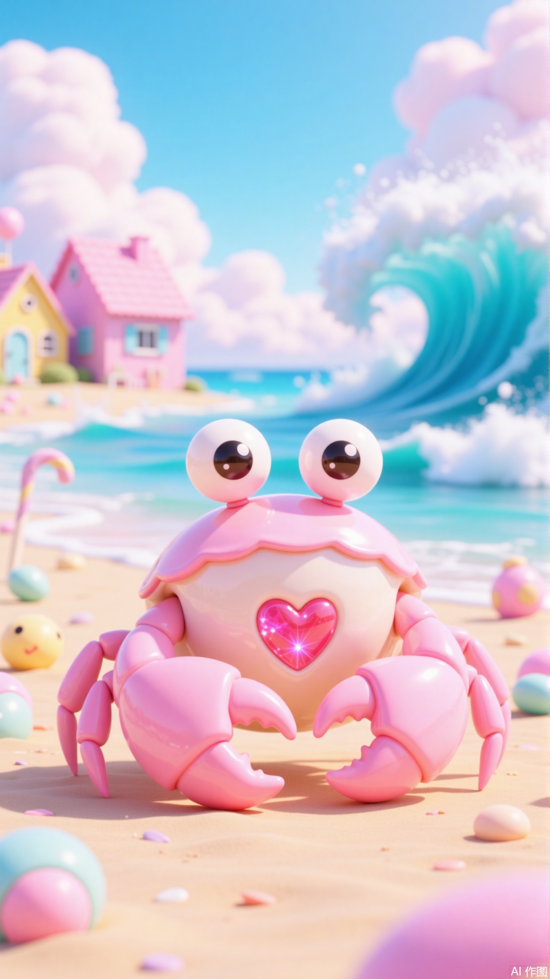 a whimsical, pastel-themed beach scene featuring a pink crab with large, sparkling eyes and a heart-shaped chest
￼
The crab is standing on a sandy beach, surrounded by colorful candy-like objects
￼
In the background, there are whimsical houses with pastel colors and a large, crashing wave
￼
The sky is filled with fluffy, pastel clouds, creating a dreamy, magical atmosphere
￼
The overall aesthetic is playful and fantastical, reminiscent of a children's storybook or a fantasy-themed animation.