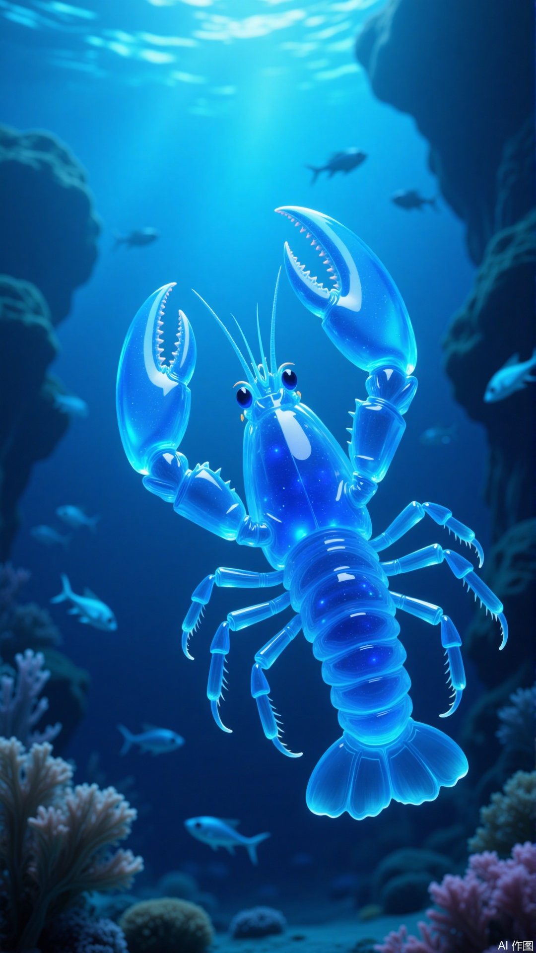 This image depicts a transparent, glowing blue lobster swimming underwater
￼
The lobster is surrounded by various fish and coral reefs, creating a vibrant and otherworldly underwater scene
￼
The lighting in the water highlights the lobster's translucent body, giving it an ethereal appearance
￼
The image combines elements of marine life and fantasy, showcasing a unique and imaginative representation of a lobster.