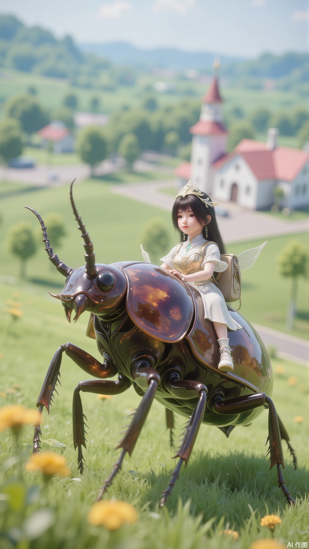 The fusion of CG and macro photography creates a surreal miniature world, a microscopic world. A little girl rides a huge beetle to school, evoking a soothing and poetic atmosphere. Macro photography.