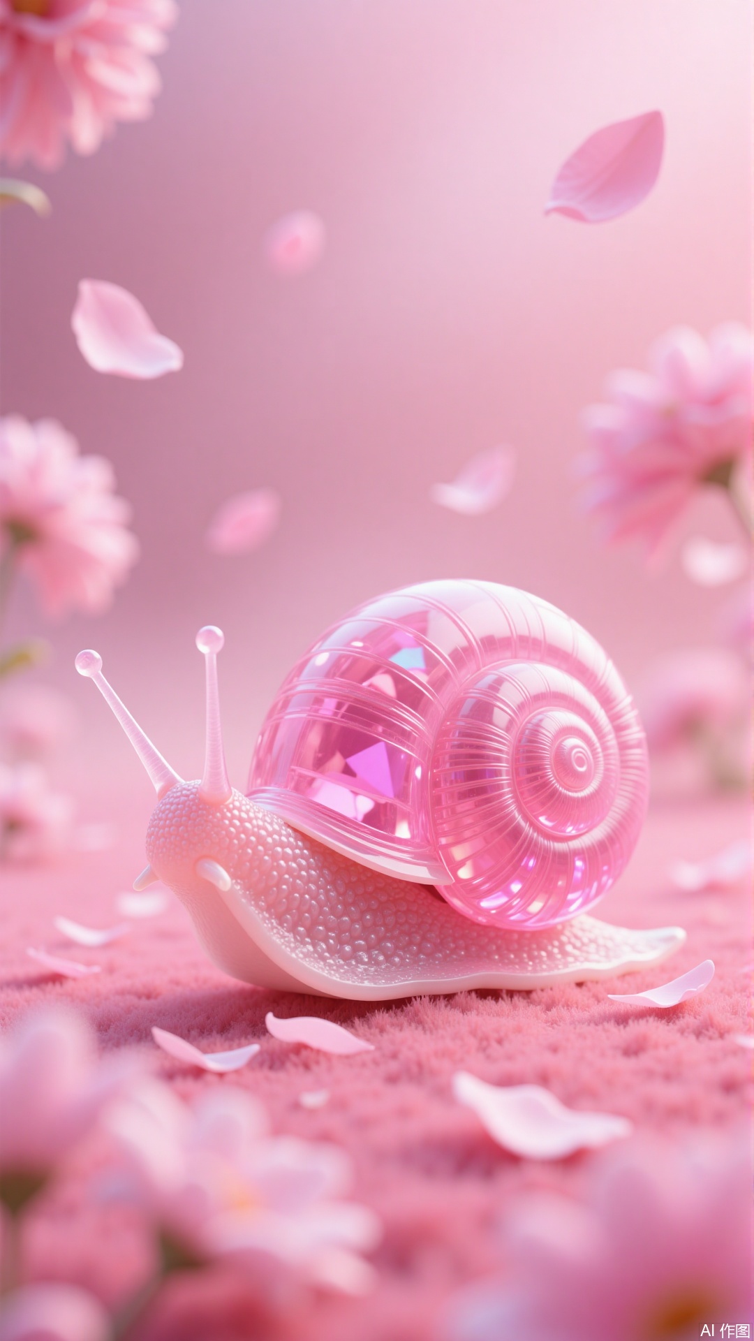 a whimsical and surreal scene featuring a pink snail with a transparent, gem-like shell
￼
The snail is surrounded by a field of pink flowers, and petals are gently floating around it, creating a dreamy, ethereal atmosphere
￼
The overall color palette is predominantly pink, enhancing the magical and fantastical feel of the scene
￼
The snail's shell appears to be made of translucent, gem-like structures, adding a touch of elegance and fantasy to the image
￼
The background is softly blurred, drawing focus to the detailed and vibrant snail and the surrounding flowers.