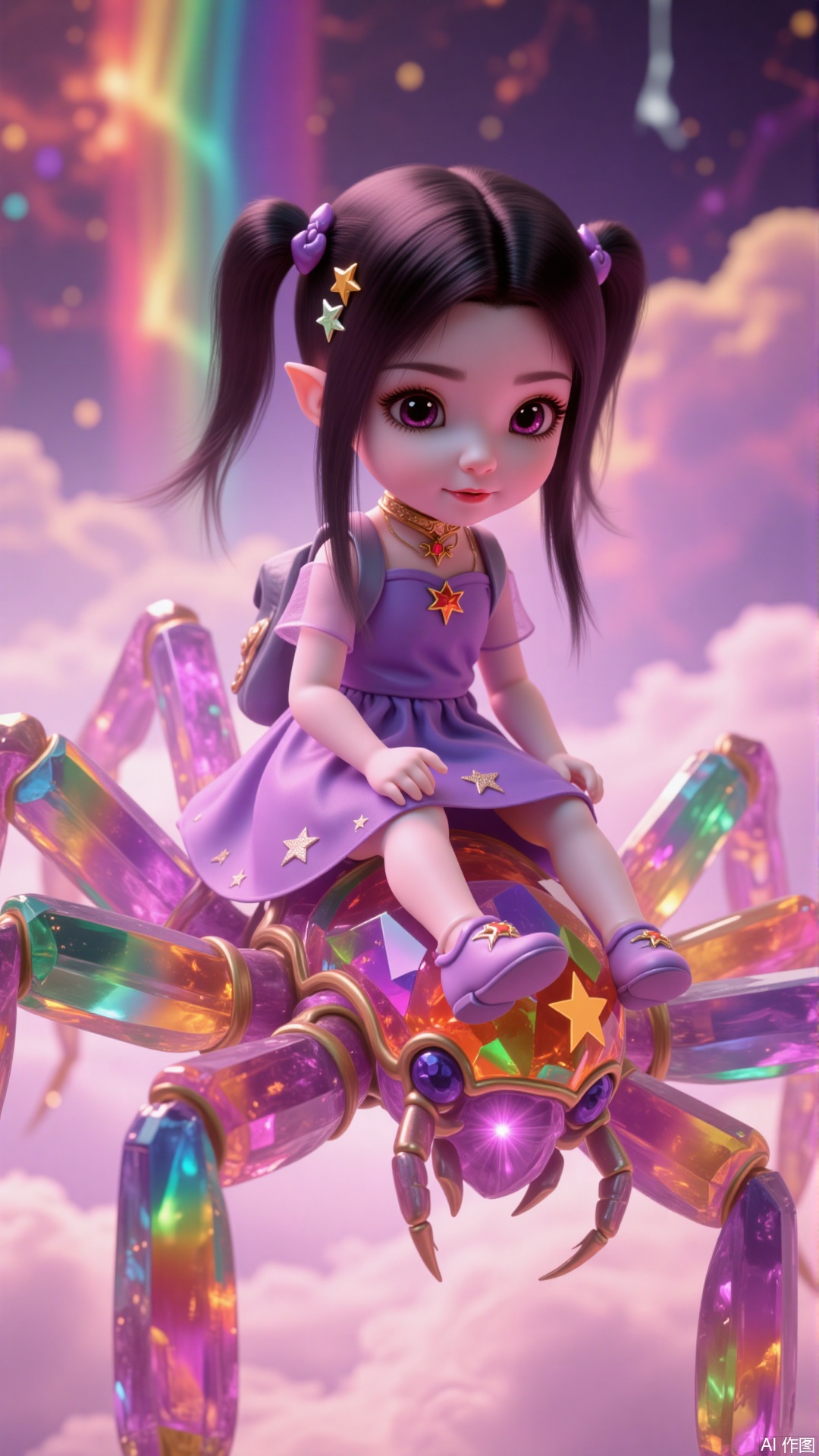 a fantastical world engulfed by a rainbow nebula and vibrant clouds, a 4-year-old girl in a purple dress sits lightly on the back of a giant rainbow-crystal spider, as if on her way to school. Her black hair is tied into two cute ponytails, adorned with small star-shaped hairpins that shimmer with soft light. She wears a purple dress with star and moon patterns on the hem, gently swaying in the breeze, emitting a dreamy glow.

Her soft, white hands grip the crystal gems on the spider's back, her posture endearingly natural. Her small feet are clad in purple shoes adorned with tiny stars, which sparkle faintly. Her backpack is a rainbow-colored one, with a small spider plushie hanging from it, gently swaying with her movements, looking exceptionally cute.

Her face is innocent and pure, her gaze as dazzling as the stars, revealing a curiosity full of innocence. Her lips are pink like a flower, her mouth slightly curved, carrying a sweet smile that exudes irresistible charm. Her face is surrounded by a gentle rainbow halo, adorned with vibrant rainbow pulses, as if rainbow light flashes on her face.

She rides a giant rainbow-crystal spider, its body composed of rainbow crystal gems, each piece shimmering with unique light, as if a rainbow nebula flows on its body. The spider's legs are formed from pure rainbow energy, each segment shimmering with radiant rainbow light, gently flapping with its movements, emitting dazzling rainbow pulses. Its head is adorned with a giant rainbow gemstone, its core shimmering with rainbow light, as if a rainbow nebula flows within.
