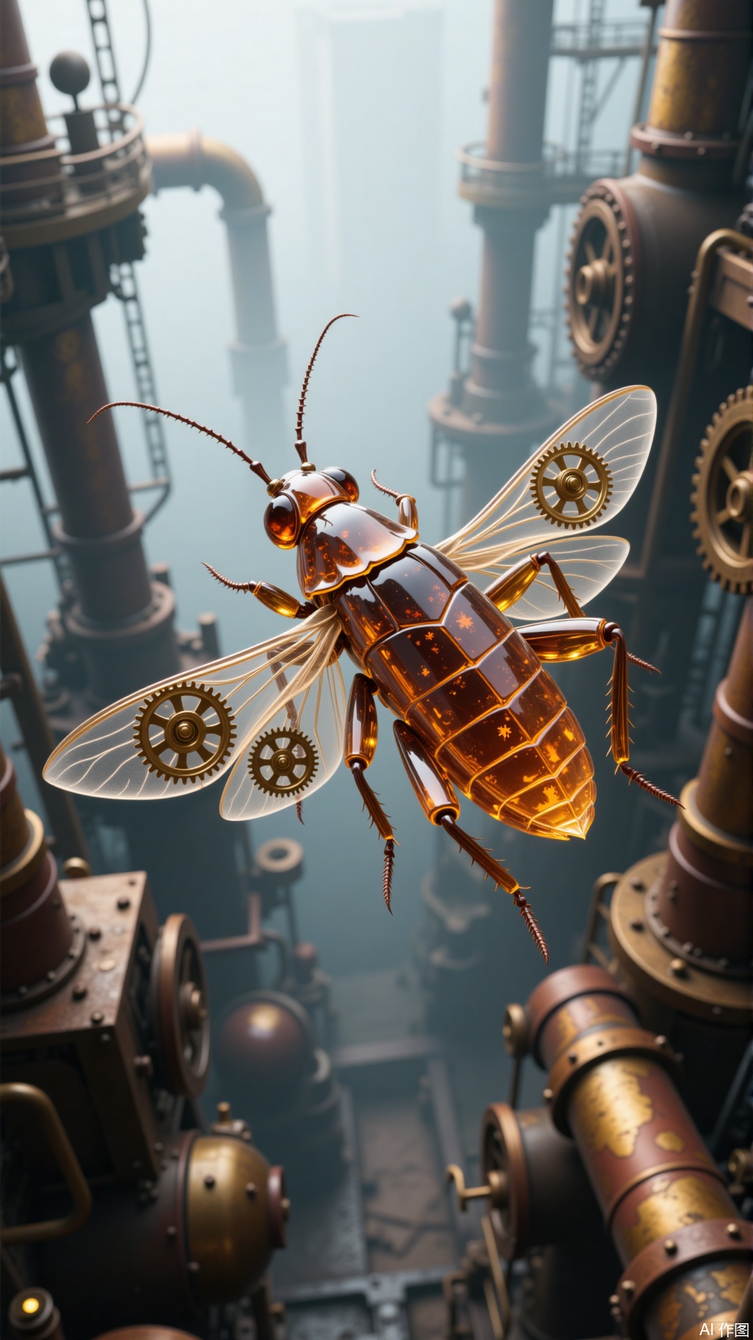 a steampunk-style insect, likely a cockroach, flying amidst a backdrop of industrial machinery
￼
The insect is crafted from a combination of metallic and glass-like materials, giving it a shiny, reflective appearance
￼
Its body is composed of intricate gears and mechanical components, and its wings are transparent with visible gears embedded within them
￼
The scene is set in a misty, industrial environment with large pipes and machinery, evoking a sense of a steampunk world where technology and nature coexist
￼
The overall aesthetic combines elements of fantasy and industrial design, creating a unique and imaginative visual.