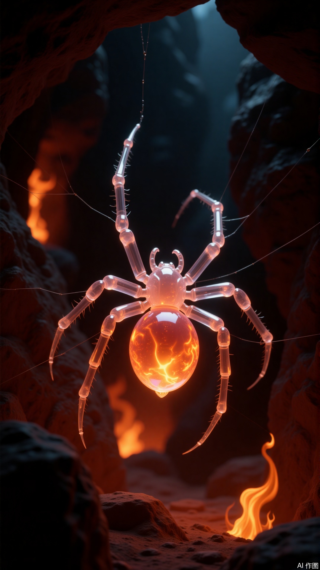 a glowing, translucent spider set against a backdrop of a fiery, rocky environment
￼
The spider has a translucent body with a glowing orb in its abdomen, giving it an ethereal appearance
￼
The web surrounding the spider is also illuminated, casting a warm glow
￼
The scene is filled with a sense of otherworldliness, with the fiery background and the glowing orb adding to the surreal and mystical atmosphere
￼
The overall effect is both captivating and eerie, blending natural elements with fantastical lighting effects.