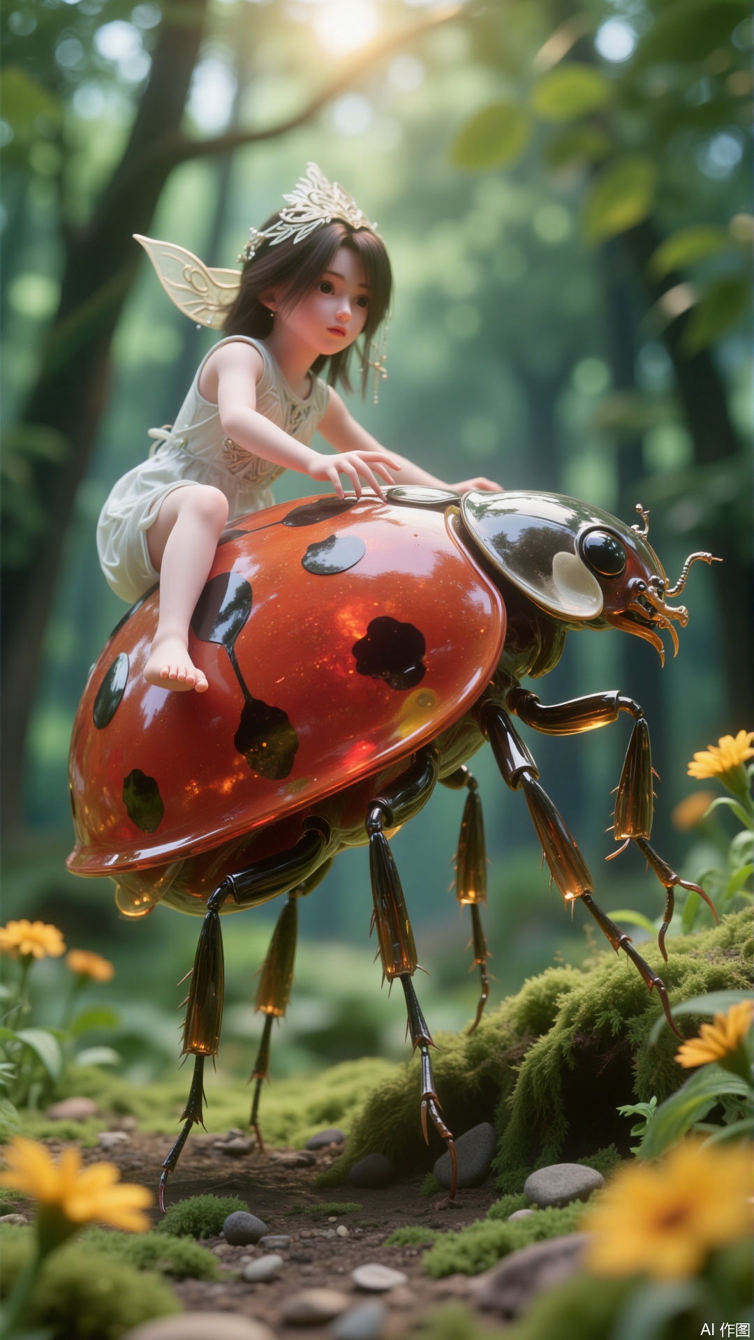 A scene full of childishness and fantasy colors, a beautiful girl, barefoot. A ladybug is huge in size, with black spots on its red back shell, clear details of the ladybug's tentacles and legs, and the ladybug's back shell is smooth and shiny. The girl rode on the ladybug's back, and the girl looked at the ladybug's head, as if communicating with it. There are green moss and small pebbles on the ground, surrounded by small yellow flowers, and the background is blurred forests or woods, and the sun shines through the leaves. Fantasy and fairy tale scenes, a quiet and mysterious atmosphere. The girl looks both curious and a little cautious, and the overall picture conveys a feeling of innocence and dreaminess. The girl and ladybug are located in the middle of the picture, and the surrounding natural elements form a natural frame. Looking at the angle of the head, it seems that the viewer is at the same height as the girl