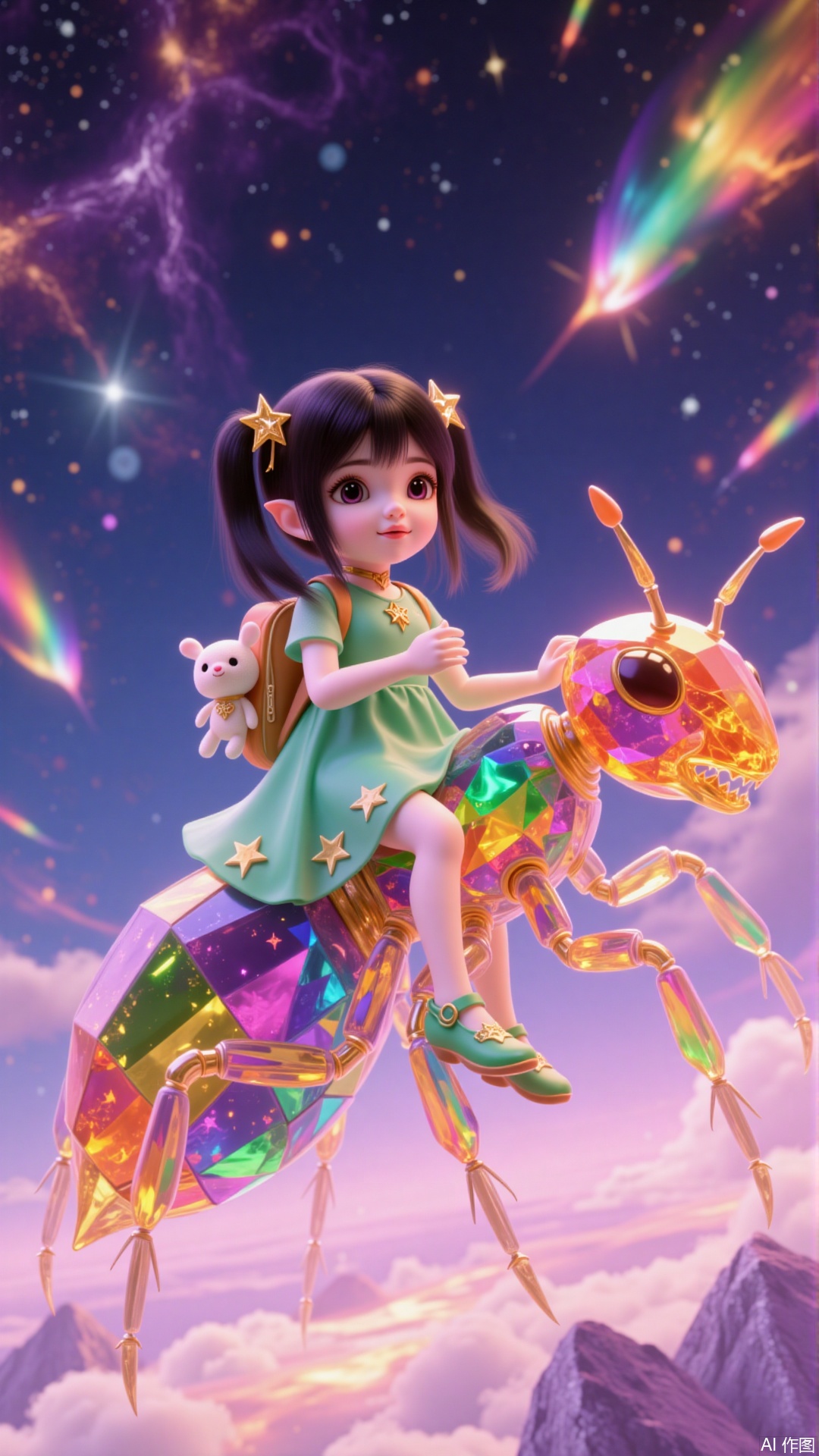 In a fantastical starry sky enveloped by a rainbow nebula and vibrant clouds, a 4-year-old girl in a green dress sits lightly on the back of a giant rainbow-crystal ant, as if on her way to school. Her black hair is tied into two cute ponytails, adorned with small star-shaped hairpins that shimmer with soft light. She wears a green dress with star and moon patterns on the hem, gently swaying in the breeze, emitting a dreamy glow.

Her soft, white hands grip the crystal gems on the ant's back, her posture endearingly natural. Her small feet are clad in green shoes adorned with tiny stars, which sparkle faintly. Her backpack is a rainbow-colored one, with a small ant plushie hanging from it, gently swaying with her movements, looking exceptionally cute.

Her face is innocent and pure, her gaze as dazzling as the stars, revealing a curiosity full of innocence. Her lips are pink like a flower, her mouth slightly curved, carrying a sweet smile that exudes irresistible charm. Her face is surrounded by a gentle rainbow halo, adorned with vibrant rainbow pulses, as if rainbow light flashes on her face.

She rides a giant rainbow-crystal ant, its body composed of rainbow crystal gems, each piece shimmering with unique light, as if a rainbow nebula flows on its body. The ant's legs are formed from pure rainbow energy, each segment shimmering with radiant rainbow light, gently flapping with its movements, emitting dazzling rainbow pulses. Its head is adorned with a giant rainbow gemstone, its core shimmering with rainbow light, as if a rainbow nebula flows within.

The background is a fantastical starry sky, with stars shimmering in rainbow light and nebulae flowing in vibrant colors, as if the entire sky is enveloped by a rainbow nebula. The sky is home to various fantastical phenomena, such as rainbow meteors, crystal comets, and rainbow stardust, freely roaming and forming a harmonious scene with the girl and the ant.