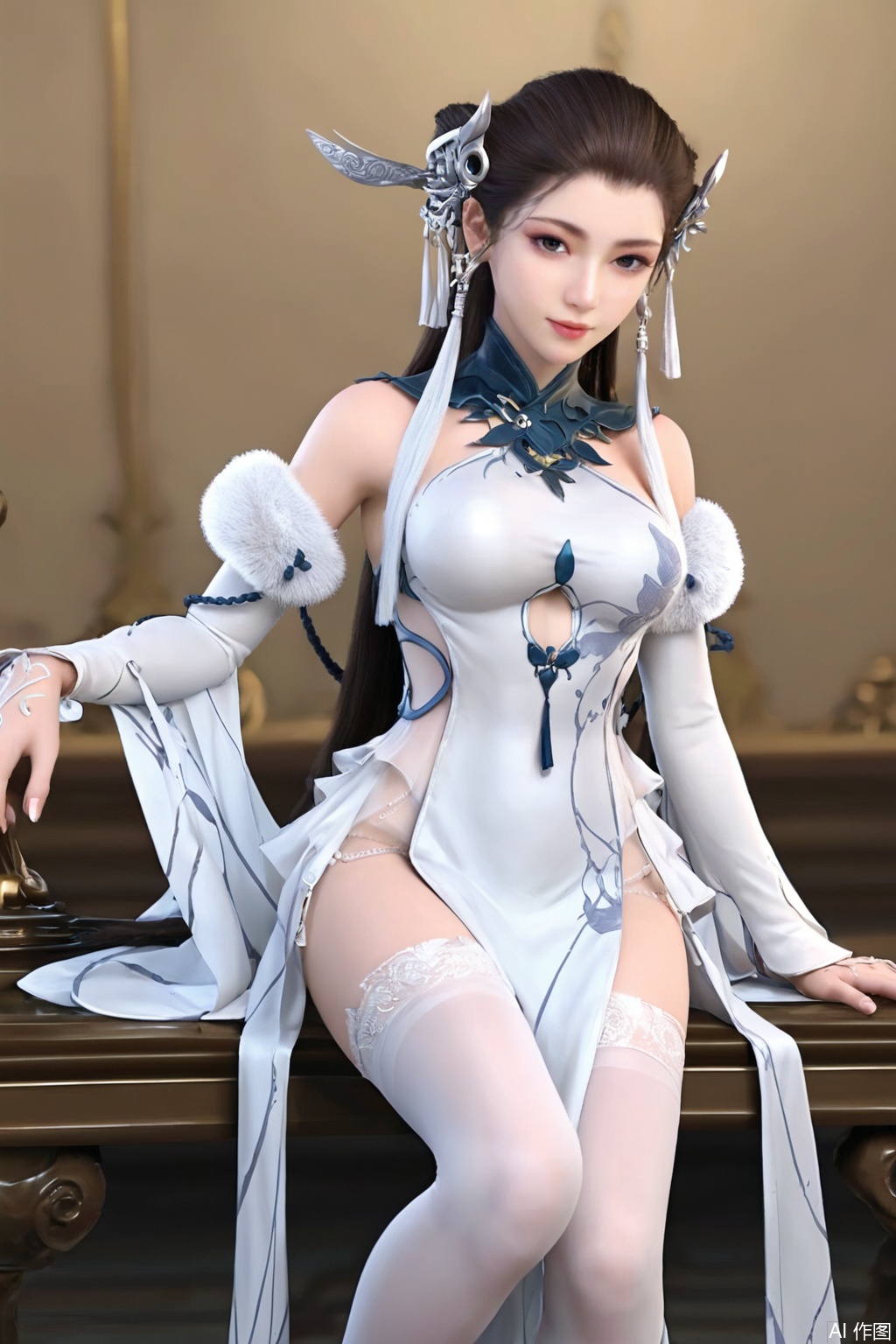 score_9_up,score_8_up,1girl, solo, long hair, breasts, looking at viewer, brown hair, hair ornament, thighhighs, gloves, dress, bare shoulders, detached sleeves, white dress, chinese clothes,BaiYiJun
