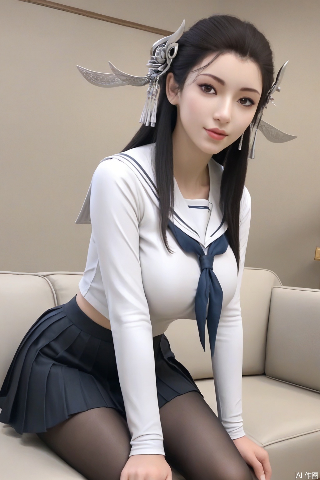 score_9_up,score_8_up,1girl, solo, long hair,black hair, big breasts,( white sailor_shirt:1.3 ),(black pleated_skirt:1.3) ,indoor,looking at viewer, brown eyes, lips, sitting,couch,black pantyhose,hair ornament, leaning forward, realistic,BaiYiJun