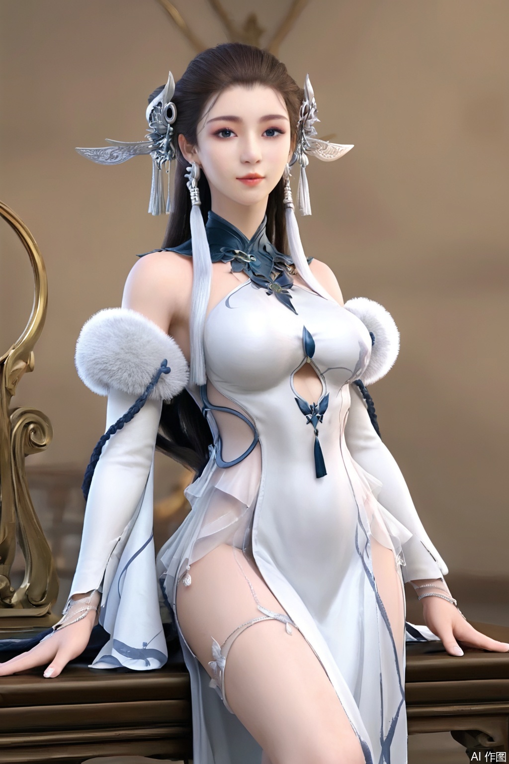 score_9_up,score_8_up,1girl, solo, long hair, breasts, looking at viewer, brown hair, hair ornament, dress, bare shoulders, detached sleeves, white dress, chinese clothes,BaiYiJun