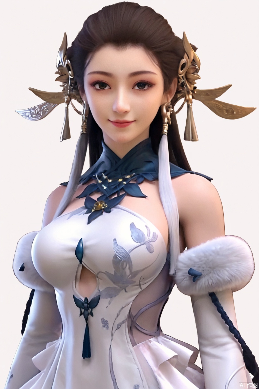 score_9_up,score_8_up,1girl, solo, long hair, breasts, smile, simple background, brown hair, black hair, hair ornament, white background, dress, bare shoulders, jewelry, upper body, earrings, detached sleeves, white dress,BaiYiJun