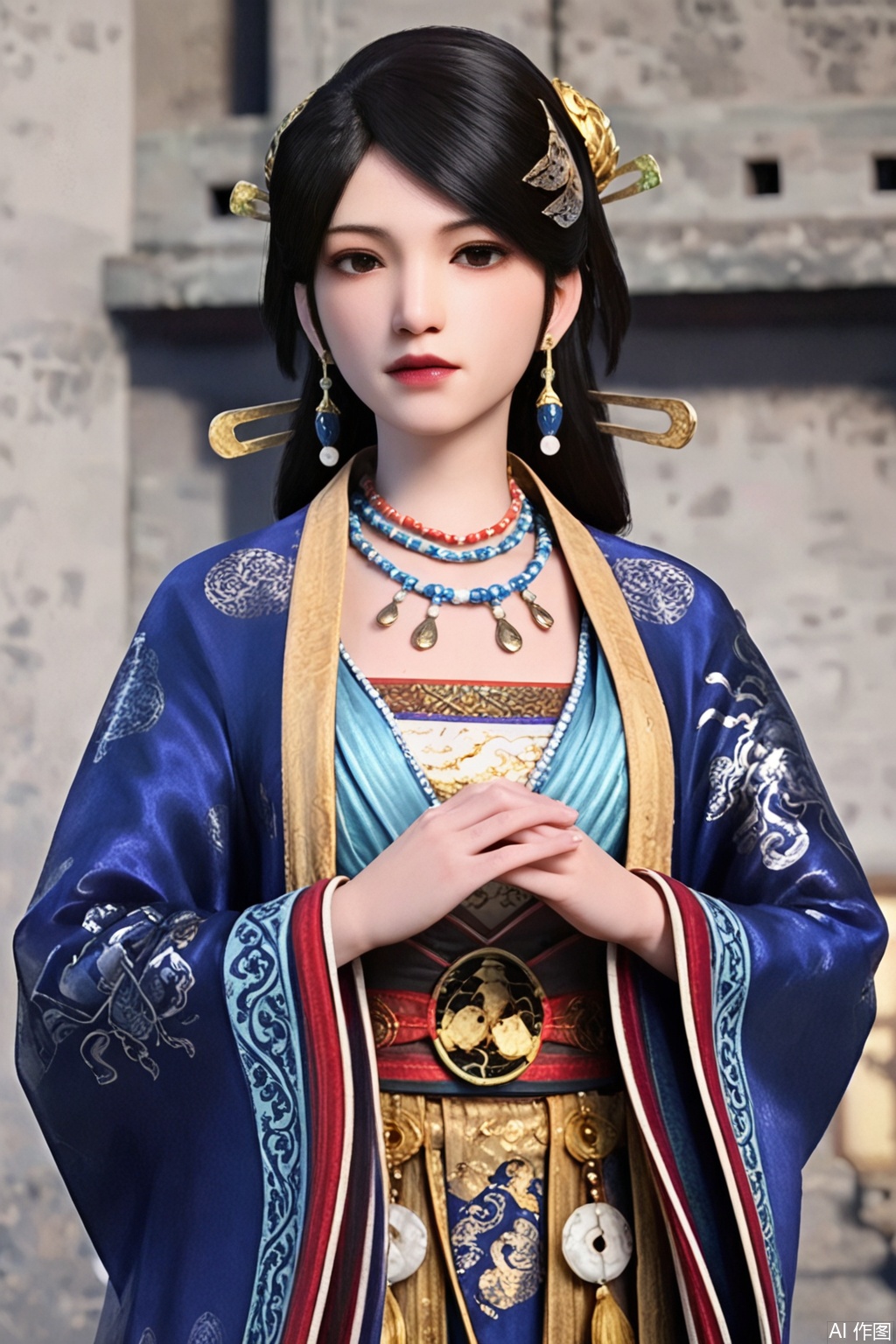 score_9_up,1girl, solo, long hair, looking at viewer, black hair, hair ornament, jewelry, earrings, necklace, black eyes, chinese clothes, own hands together, realistic, hanfu,WenLuoYu