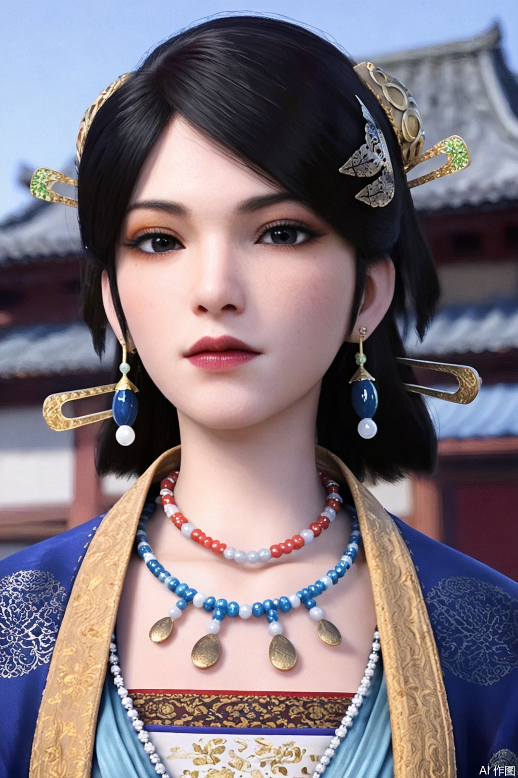 score_9_up,1girl, solo, looking at viewer, short hair, black hair, hair ornament, jewelry, upper body, earrings, necklace, black eyes, makeup, realistic,WenLuoYu