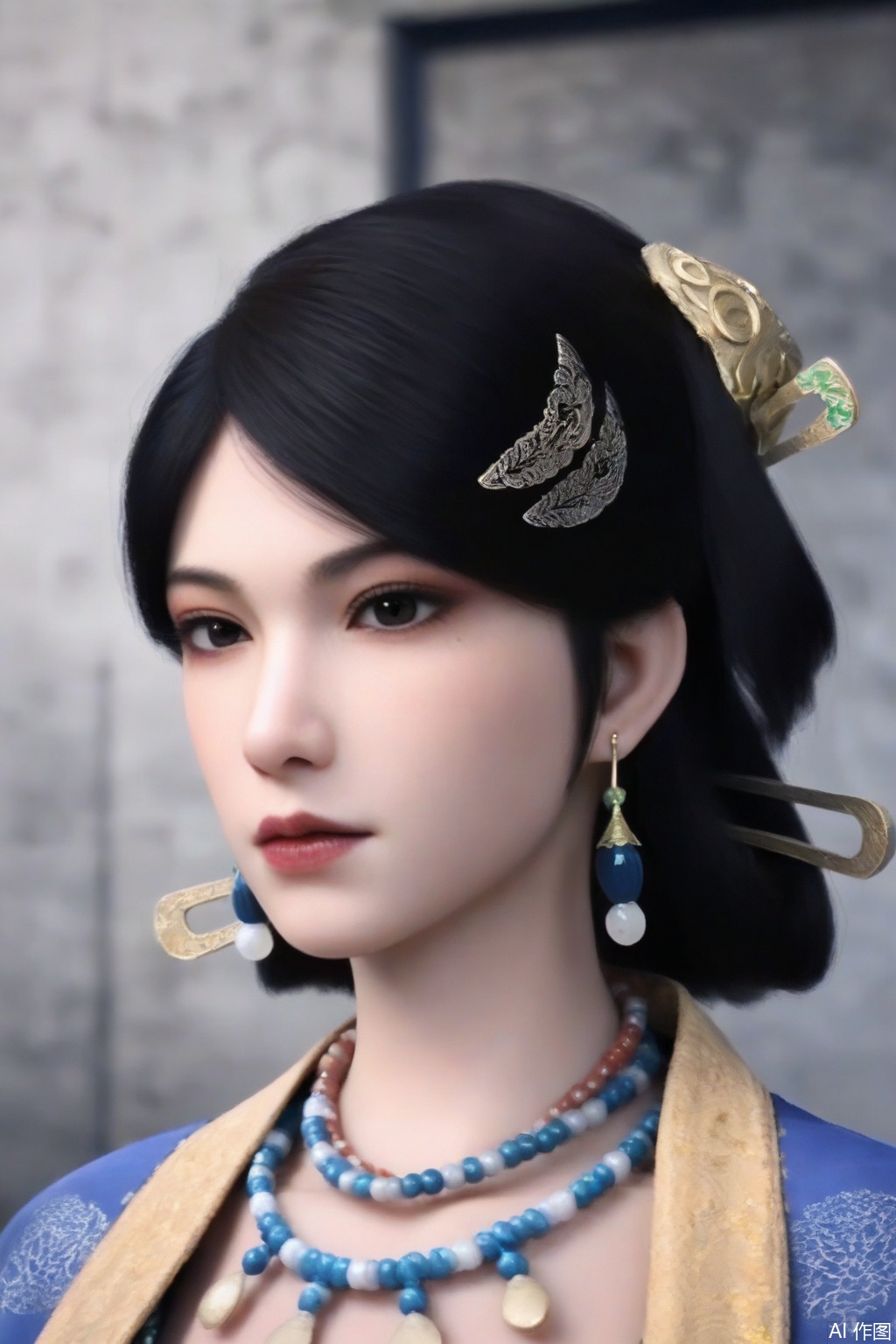 score_9_up,1girl, solo, looking at viewer, short hair, black hair, hair ornament, jewelry, upper body, earrings, necklace, black eyes, makeup, realistic,WenLuoYu