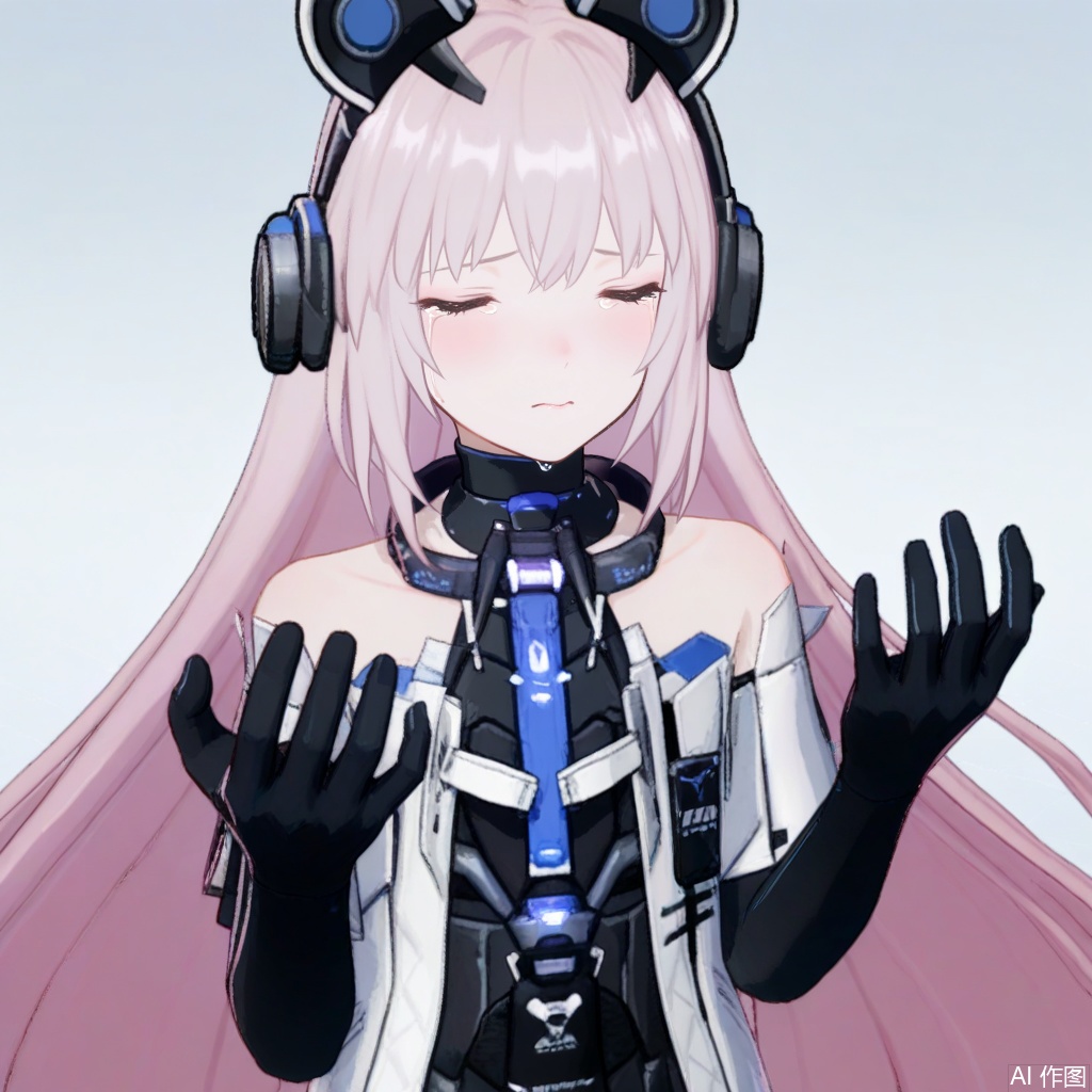 TB/(PGR),1girl, solo, long hair, looking at viewer, bangs, blue eyes, shirt, gloves, long sleeves, animal ears, very long hair, pink hair,black gloves, elbow gloves, hand up,  headphones, upper body,intoxicated, hands up,front view,closed eyes