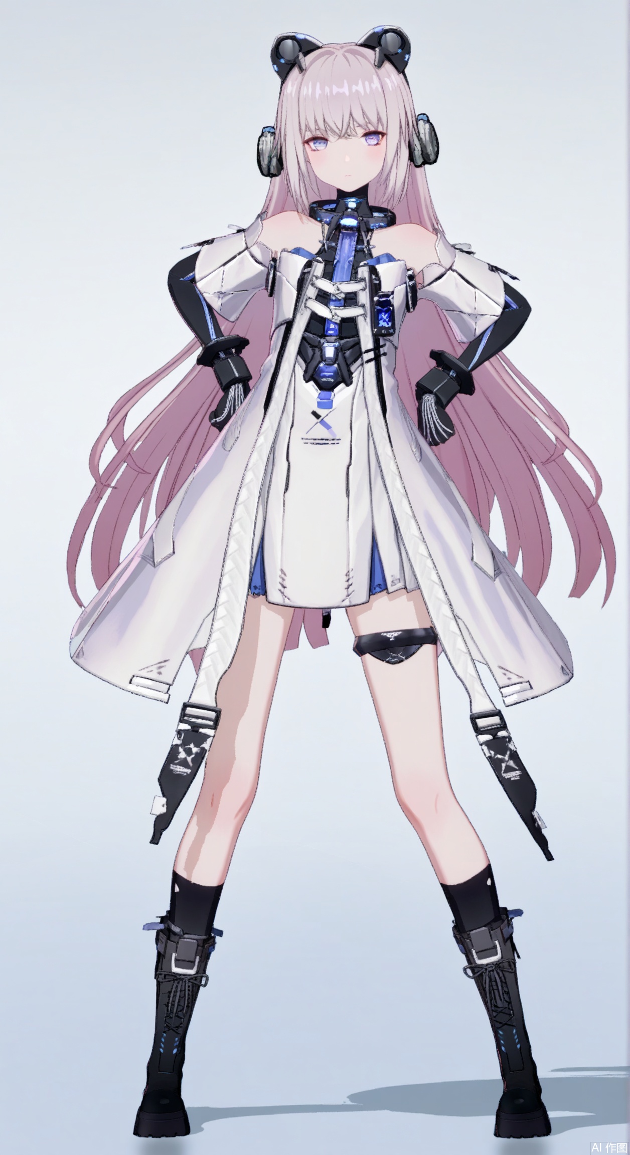 TB/(PGR),1girl, solo, long hair, looking at viewer, bangs, blue eyes, gloves, dress, bare shoulders, very long hair, closed mouth, standing, purple eyes, full body, boots, black gloves, socks, elbow gloves, off shoulder, black footwear, white dress, gradient, hand on hip, gradient background, thigh strap, headgear
