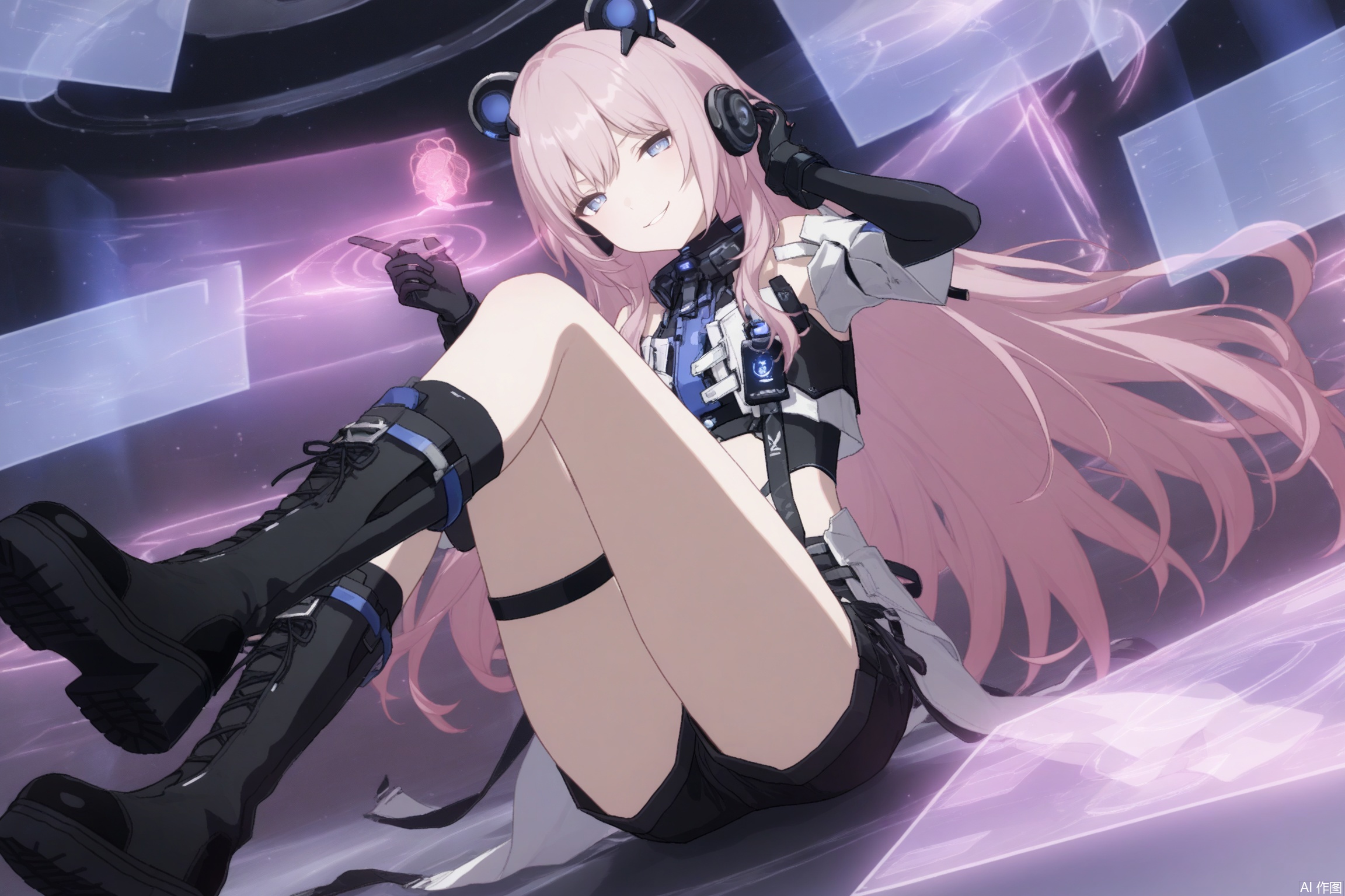 TB/(PGR),1girl, solo, long hair, looking at viewer, bangs, blue eyes, shirt, gloves, long sleeves, navel, animal ears, sitting, very long hair, full body, pink hair, boots, shorts, black gloves, elbow gloves, midriff, hand up, black footwear, crop top, short shorts, thigh strap, headphones, black shorts, knee boots, holographic interface, hologram,looking at interface,finger on interface,smug,evil smile,