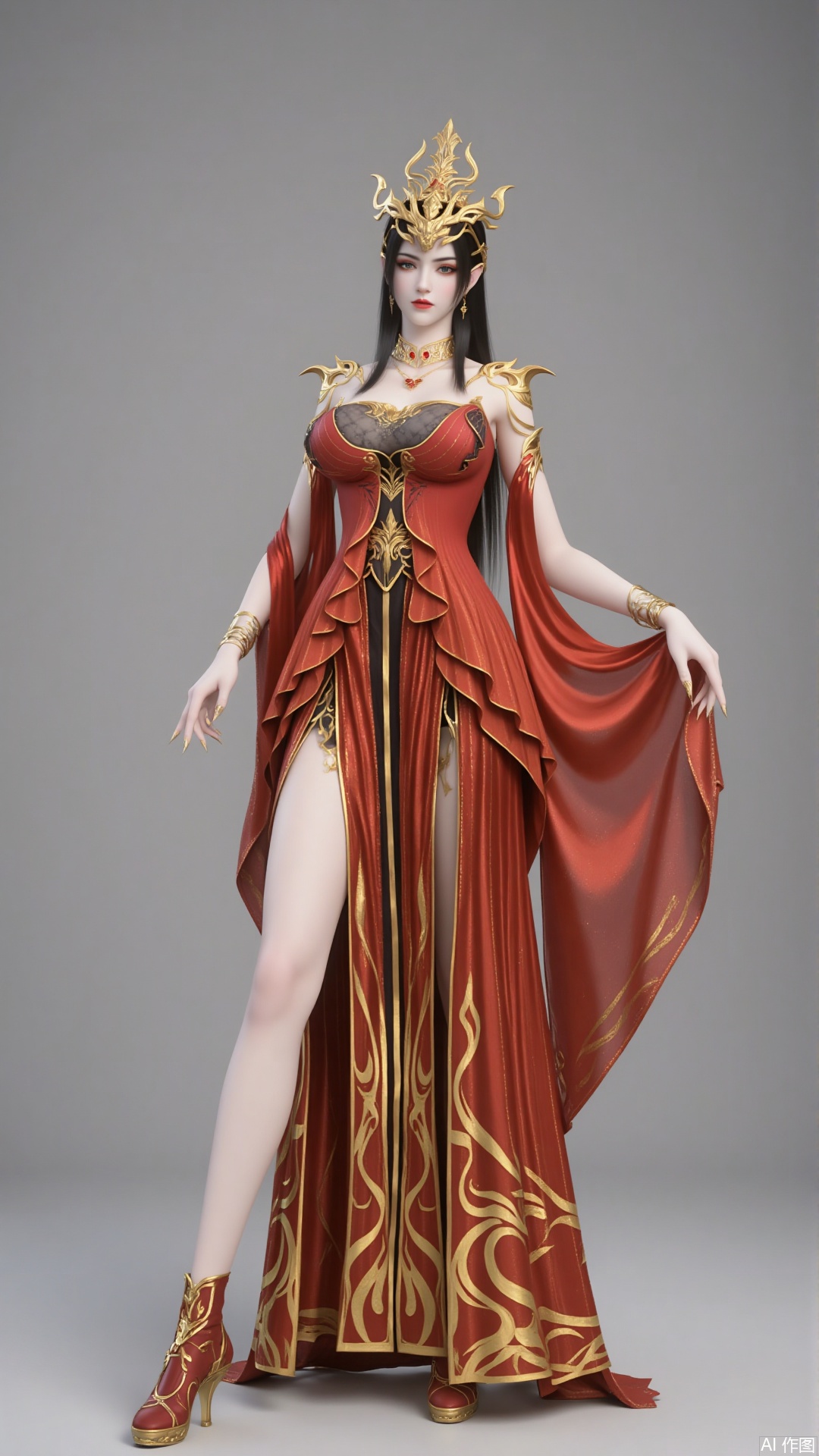 1 girl. Long hair. crown breast. Black hair. Clothes. Jewellery. Earrings. Necklace. Bracelet. Red dress. Gold embroidery. Show your legs. high-heeled shoes. Arm naturally. Pure gray background. Filled with natural light. Bright. High angle shooting. high-heeled shoes.