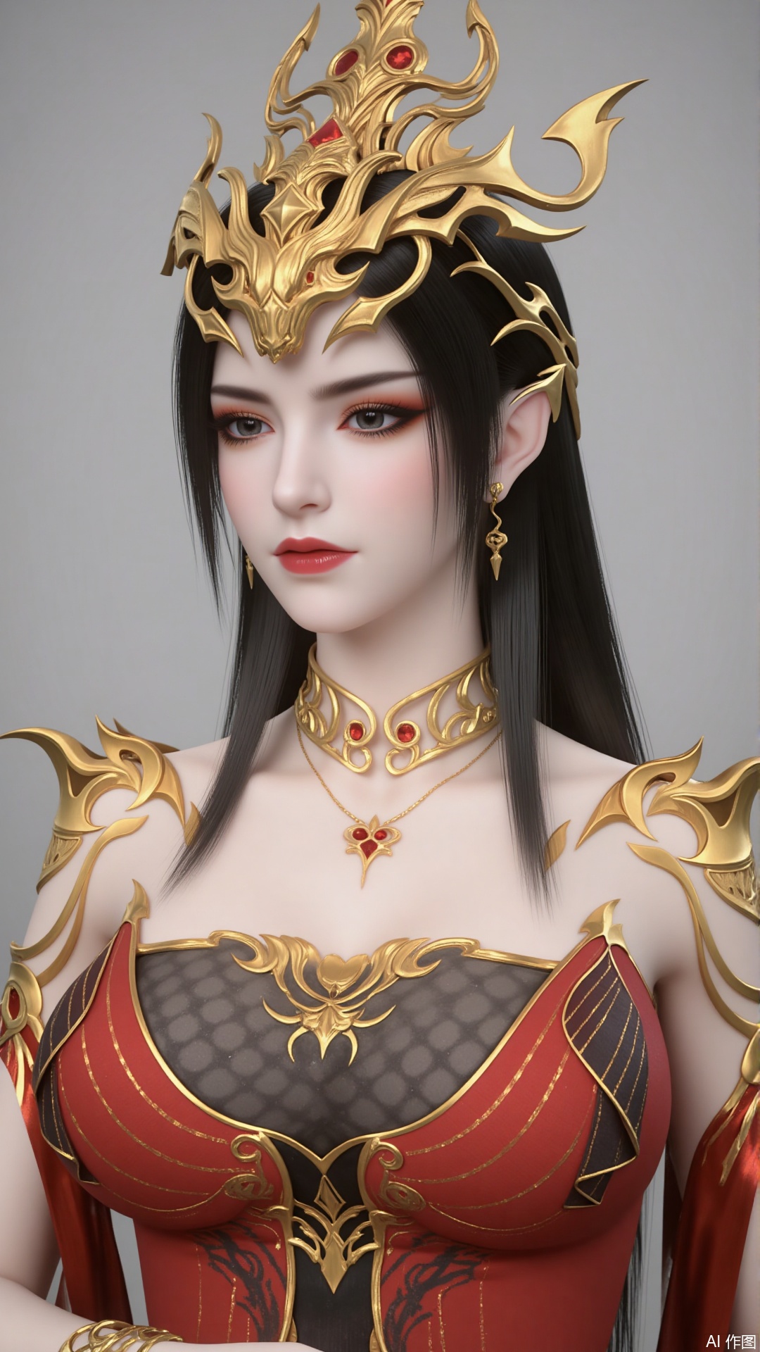 1 girl, close-up of upper body. Pure gray background. Simple background. Long hair. crown Huge breasts. Black hair. Clothes. Jewellery. Earrings. Necklace. Bracelet. Red dress. Gold embroidery. Pose. Dynamic posture.