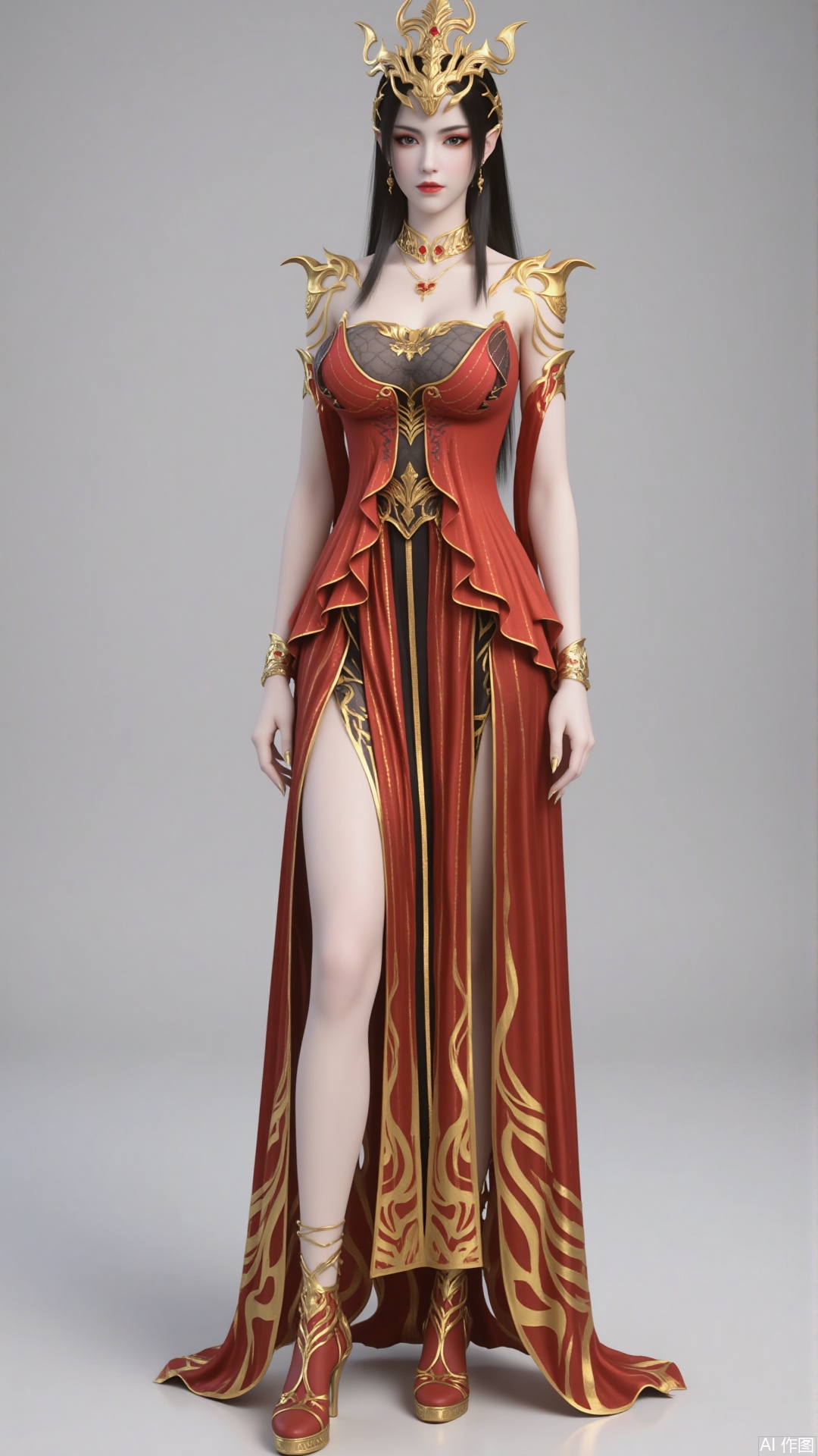 1 girl. Long hair. crown breast. Black hair. Clothes. Jewellery. Earrings. Necklace. Bracelet. Red dress. Gold embroidery. Show your legs. high-heeled shoes. Arm naturally. Pure gray background. Filled with natural light. Bright. High angle shooting. high-heeled shoes.