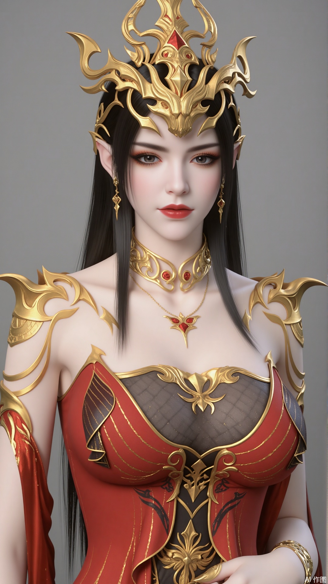 1 girl, close-up of upper body. Pure gray background. Simple background. Long hair. crown Huge breasts. Black hair. Clothes. Jewellery. Earrings. Necklace. Bracelet. Red dress. Gold embroidery. Pose. Dynamic posture.
