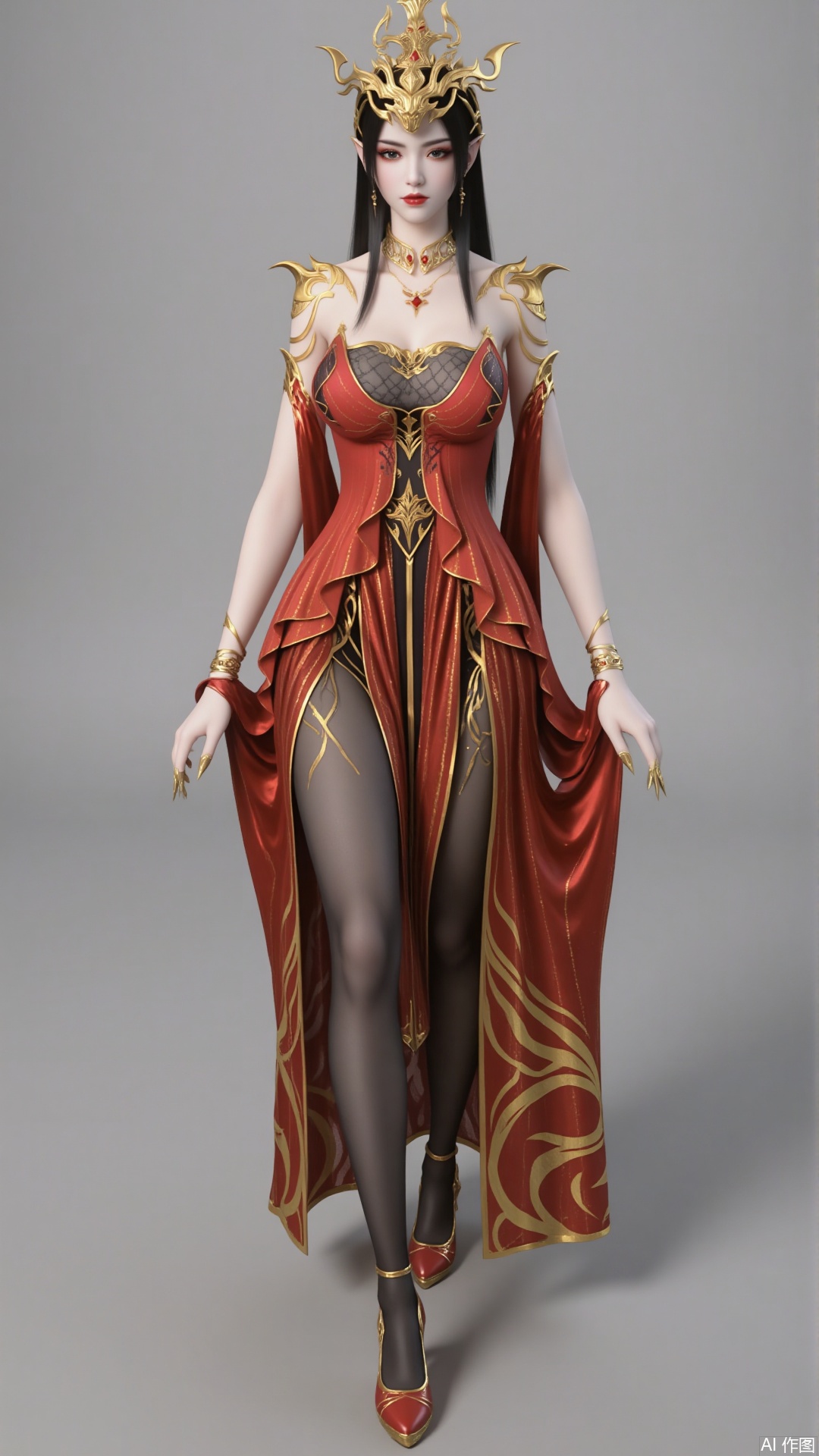 1 girl. Long hair. crown breast. Black hair. Clothes. Jewellery. Earrings. Necklace. Bracelet. Red dress. Black pantyhose. Gold embroidery. Show your legs. high-heeled shoes. Arm naturally. Pure gray background. Filled with natural light. Bright. High angle shooting. high-heeled shoes.