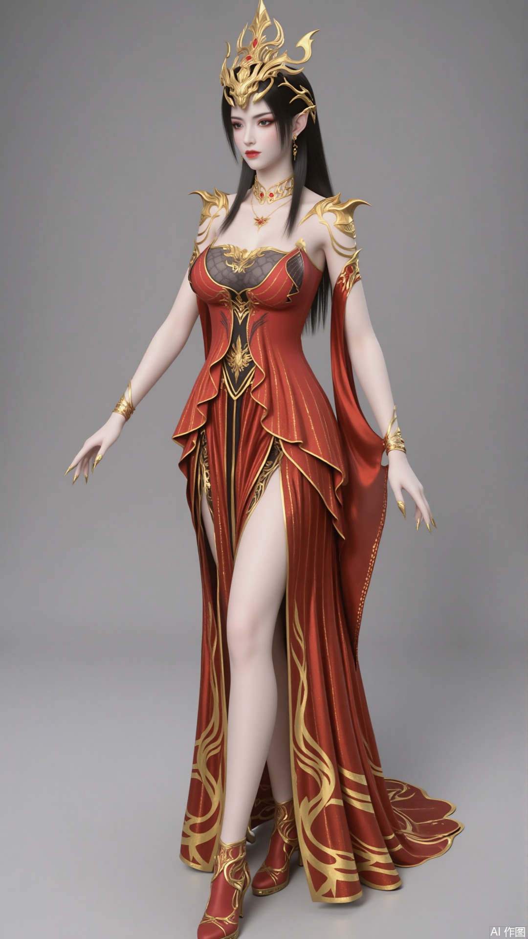 1 girl. Long hair. crown breast. Black hair. Clothes. Jewellery. Earrings. Necklace. Bracelet. Red dress. Gold embroidery. Show your legs. high-heeled shoes. Arm naturally. Pure gray background. Filled with natural light. Bright. High angle shooting. high-heeled shoes.
