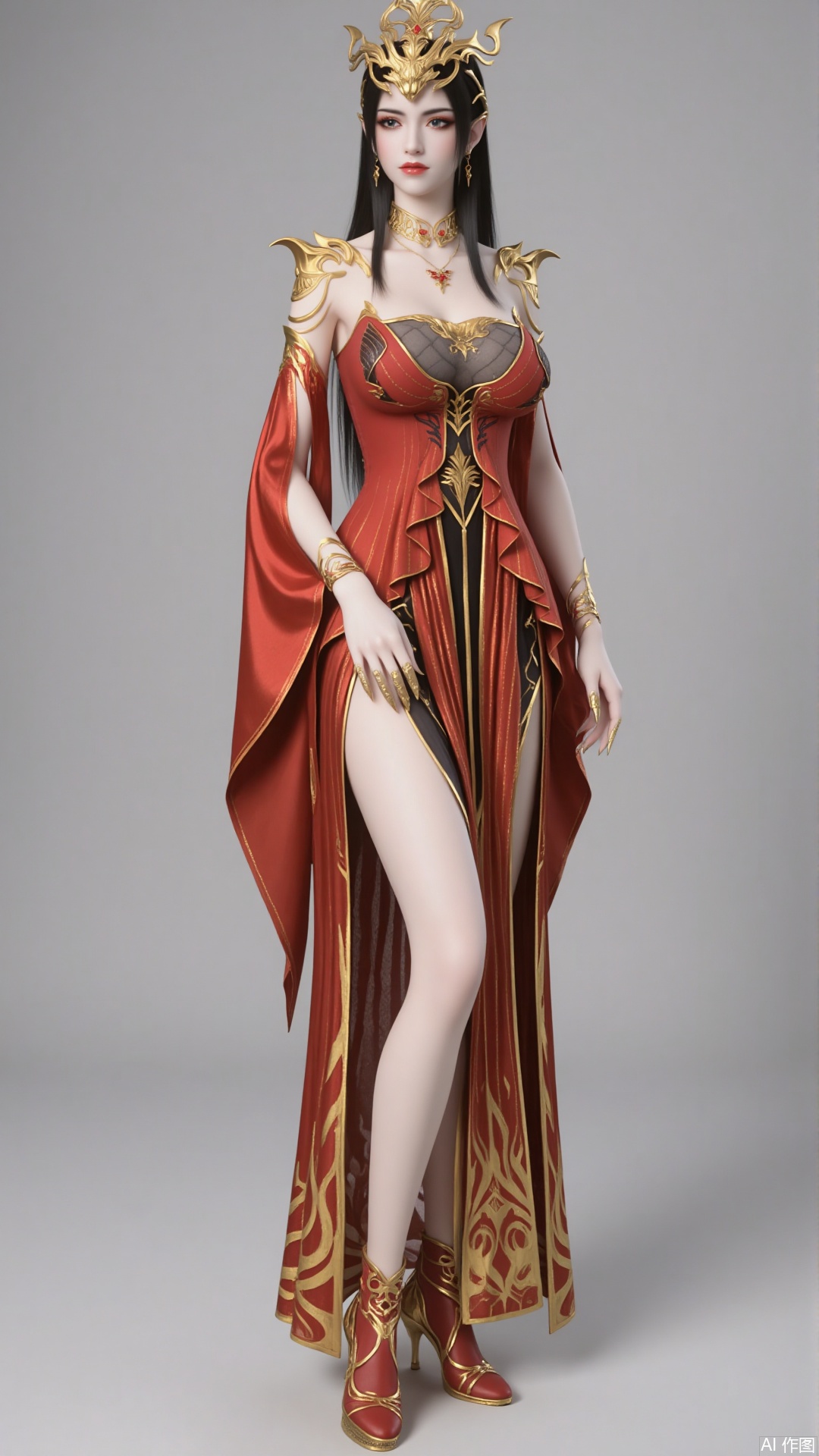 1 girl. Long hair. crown breast. Black hair. Clothes. Jewellery. Earrings. Necklace. Bracelet. Red dress. Gold embroidery. Show your legs. high-heeled shoes. Arm naturally. Pure gray background. Filled with natural light. Bright. High angle shooting. high-heeled shoes.