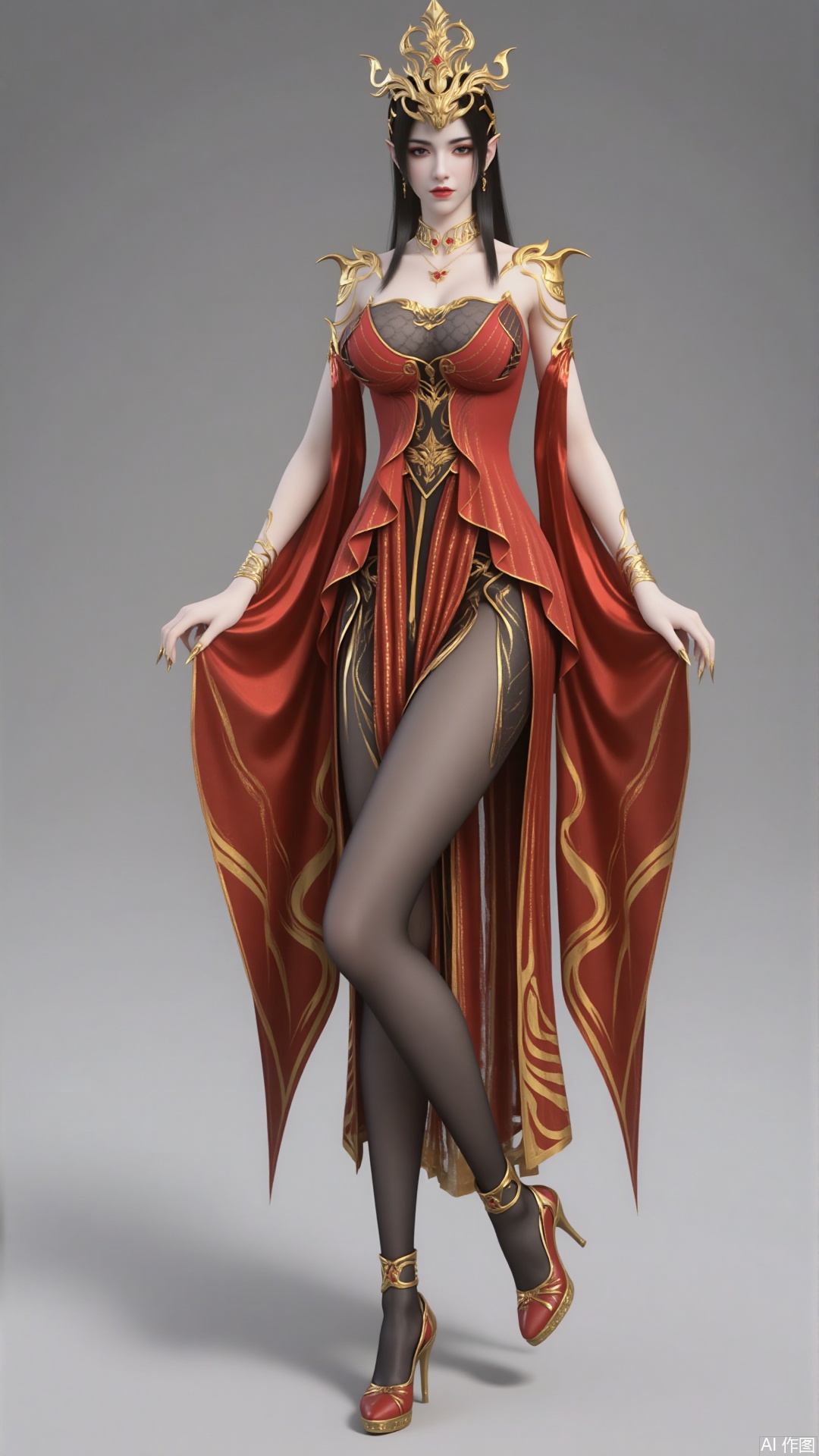 1 girl. Long hair. crown breast. Black hair. Clothes. Jewellery. Earrings. Necklace. Bracelet. Red dress. Black pantyhose. Gold embroidery. Show your legs. high-heeled shoes. Arm naturally. Pure gray background. Filled with natural light. Bright. High angle shooting. high-heeled shoes.