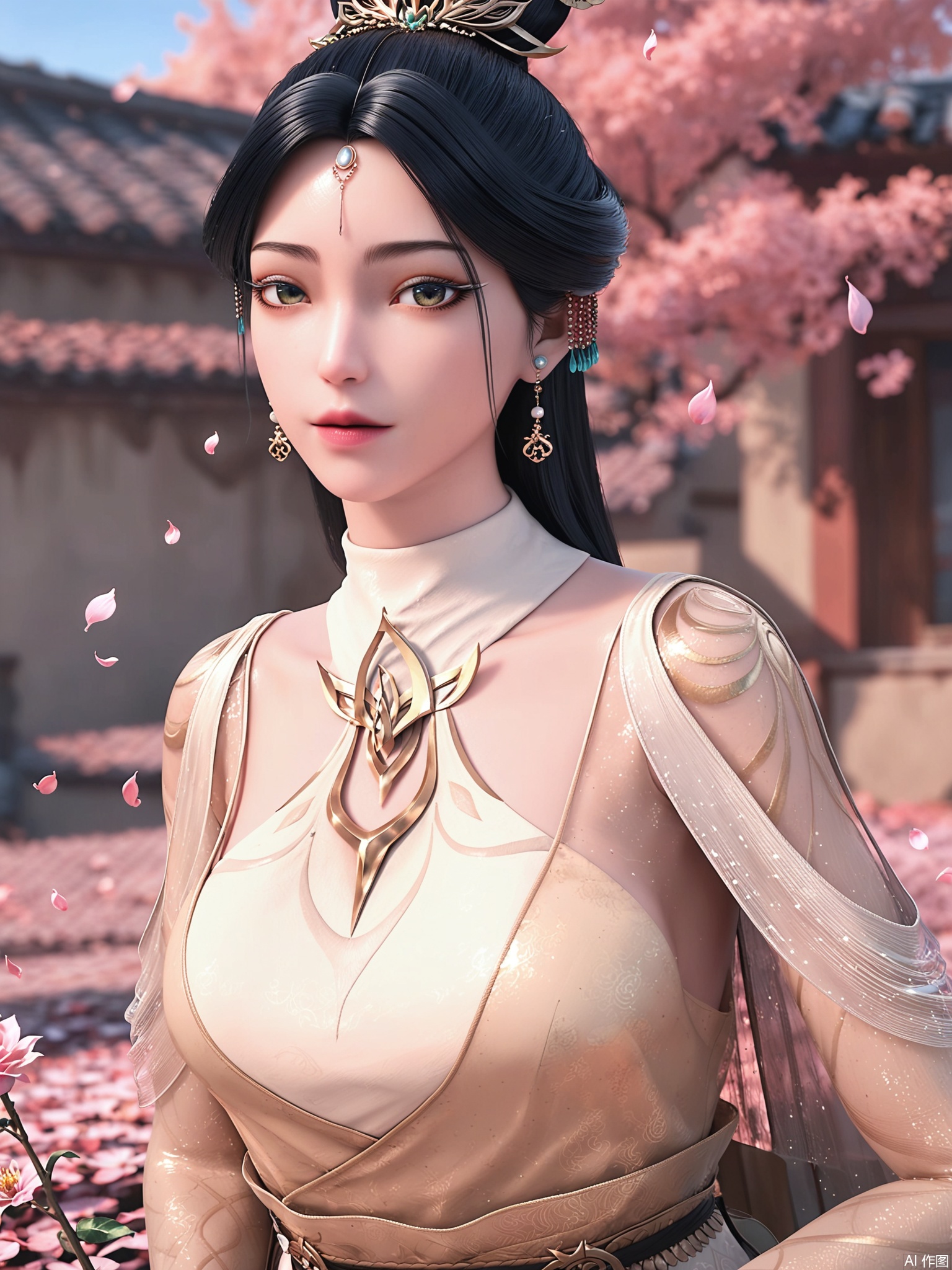 score_9,score_8_up,score_7_up,1girl,looking_at_viewer,realistic,1girl,Vivid Colors,bright environment,delicate water,hair_ornament,shiny skin,shiny hair,reflection,(wariza:1.2),dress,jewelry,flower sea,falling petals,extreme detail description,(upper body:0.4),put one hand on your side,long_hair,(skindentation:1.3),Fishnet stockings,bright,sunshine on face,chinese_clothes,white dress