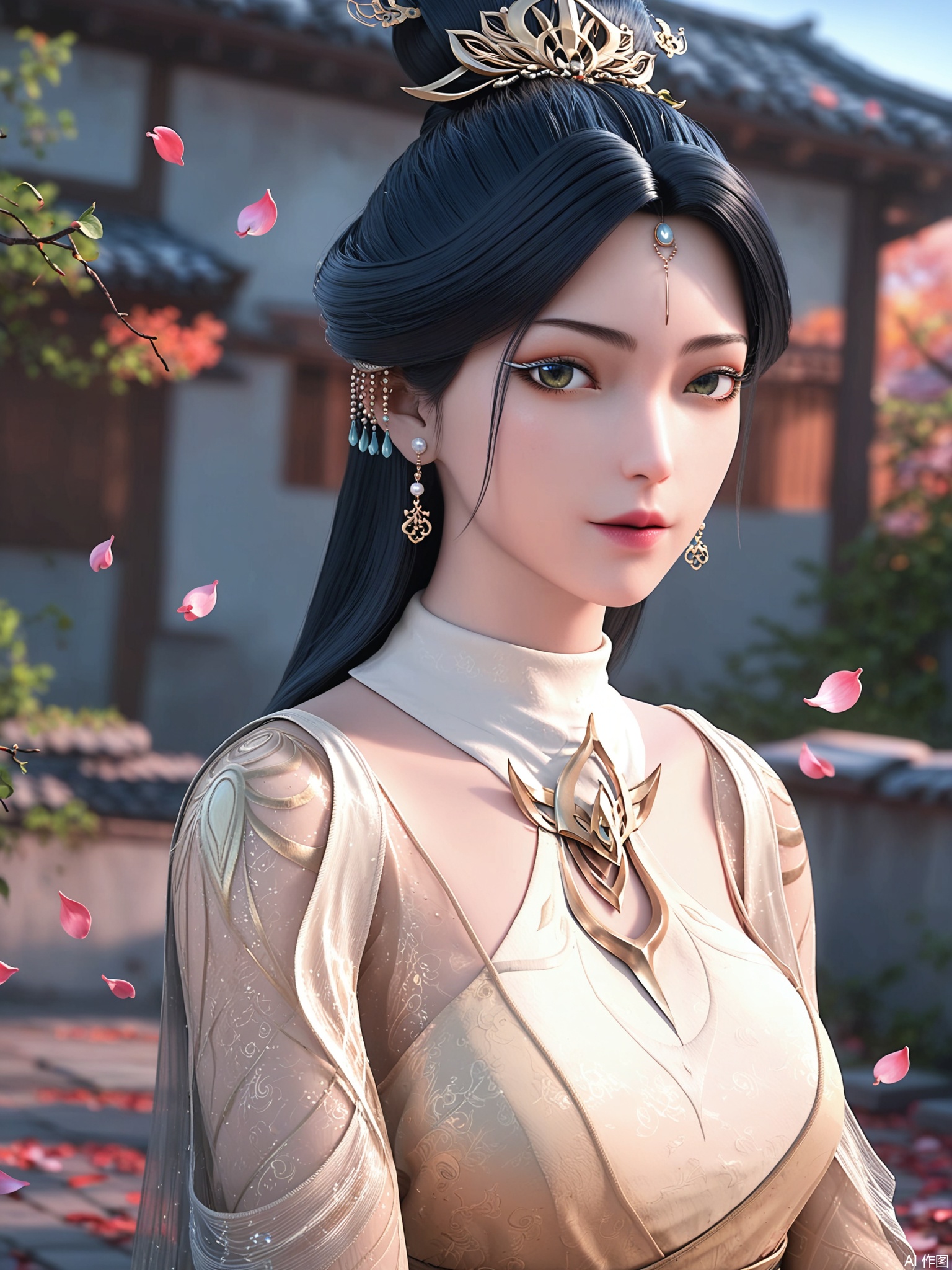 score_9,score_8_up,score_7_up,1girl,looking_at_viewer,realistic,1girl,Vivid Colors,bright environment,delicate water,hair_ornament,shiny skin,shiny hair,reflection,(wariza:1.2),dress,jewelry,flower sea,falling petals,extreme detail description,(upper body:0.4),put one hand on your side,long_hair,(skindentation:1.3),Fishnet stockings,bright,sunshine on face,chinese_clothes,white dress