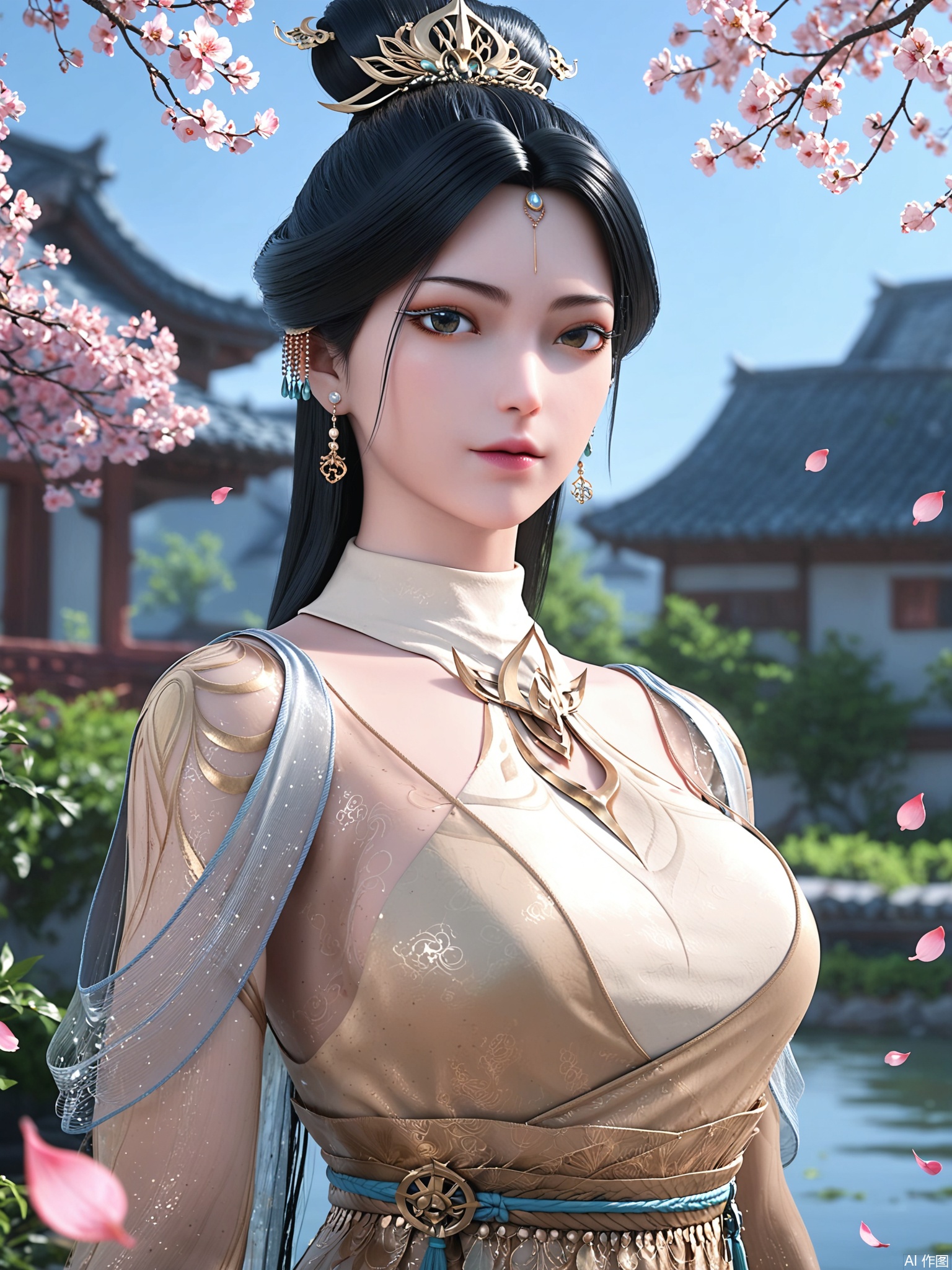 score_9,score_8_up,score_7_up,1girl,looking_at_viewer,realistic,1girl,Vivid Colors,bright environment,delicate water,hair_ornament,shiny skin,shiny hair,reflection,(wariza:1.2),dress,jewelry,flower sea,falling petals,extreme detail description,(upper body:0.4),put one hand on your side,long_hair,(skindentation:1.3),Fishnet stockings,bright,sunshine on face,chinese_clothes,