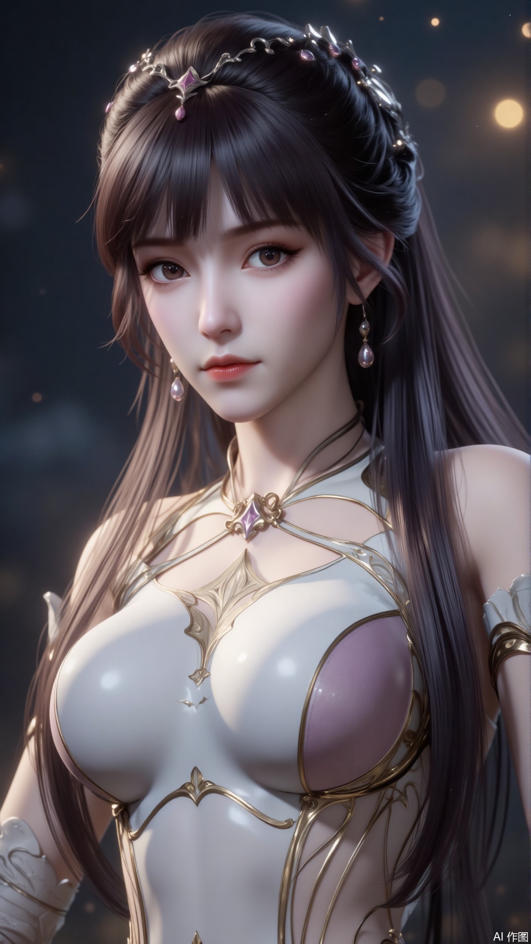 The image depicts a highly detailed digital artwork of a female character. She has long, dark hair styled in intricate braids, adorned with small, sparkling beads. Her eyes are large and expressive, with subtle makeup enhancing their natural beauty. She is wearing elegant, futuristic armor that is white with gold accents, giving her a regal and mystical appearance. The background is blurred, featuring a gradient of dark and light colors, which helps to focus attention on the character. The overall style is highly polished and detailed, typical of high-quality digital art.