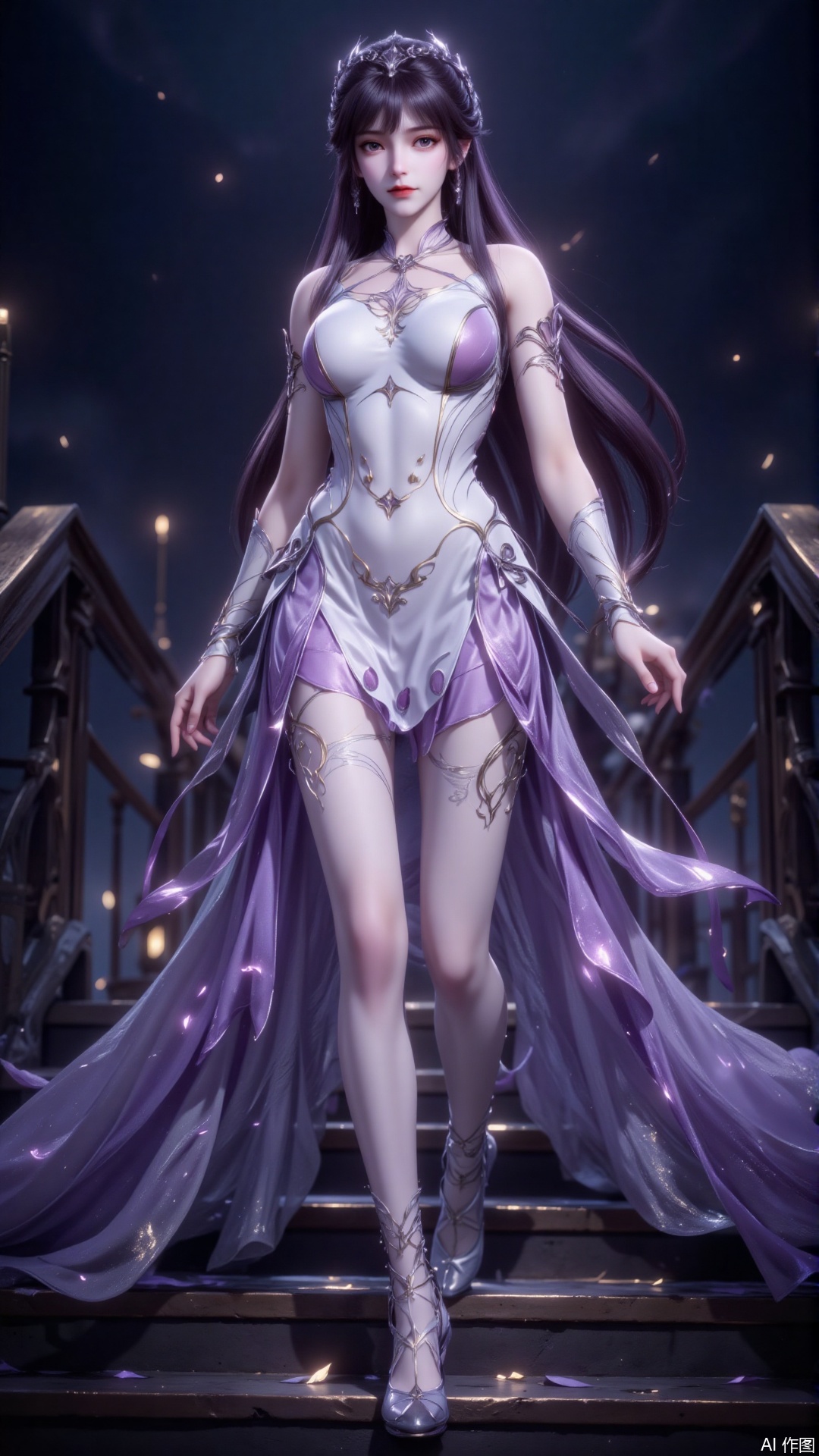 The image depicts a character with long, dark hair adorned with a headpiece. She is wearing a form-fitting, white and purple outfit that includes a bodice, shorts, and a flowing skirt. The character has a serene expression and is standing on a set of steps. The background is dark, with a subtle glow that highlights the character's figure. The image appears to be an illustration from a video game or a digital artwork.