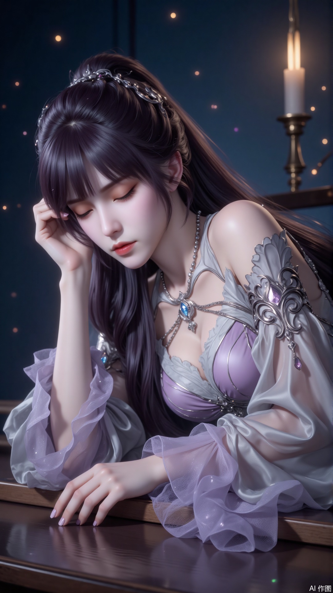 Fantasy portrait of light and shadow,  with a side face,  leaning against the wooden table on Tensor.Art