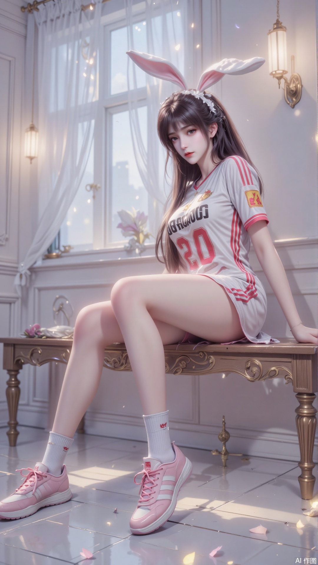 Japanese anime style,1 girl,solo,black long hair,bangs,wearing a white sports jersey with stripes and English letters and numbers printed in the middle.Leaning against a vintage wooden bench.Her chest is almost bursting out of her clothes.Her hands are placed between her legs.The plush rabbit-eared hair accessory on the left side of her head is trembling slightly,and her long dark brown hair has a natural drape over her left shoulder.Her left foot is fully on the ground while her right heel is suspended,creating an asymmetrical leg position.Soft light outlines the yellow mark on the side of the shoe and the highlight on the rabbit ear velvet from the 45°direction of the upper left.A sheer curtain with a subtle shimmering effect is hanging in the background.The room is softly lit,creating a dreamy and serene atmosphere.The entire scene has a fantastical style,with a focus on the young woman and her surroundings.White walls and reflective flooring enhance the depth of the space.The bright pink shoe logo provides a visual contrast.Shot from a low angle,extremely low angle,with a blurred background.