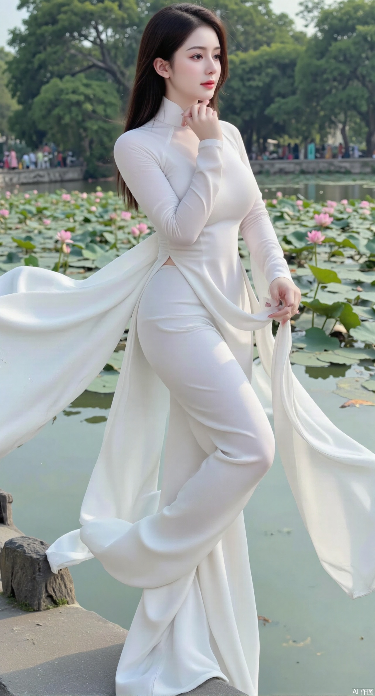 (masterpiece, best quality:1.2),A celestial maiden in Hanfu stands on a cloud, ethereal silk robes fluttering in the wind, swirling sea of clouds beneath her feet, (background reveals the emerald lotus pond of Penglai Wonderland with blooming pink-white lotuses:1.29), golden koi fish swimming in translucent water, soft morning light piercing through mist, ultra HD rendering showcases intricate embroidery on Hanfu, 8K detail captures dewdrops on lotus petals, dynamic lighting effects emphasize swirling mist movement, panoramic composition creates ethereal celestial atmosphere,(huge breasts:2.99),(full breasts:2.99),Xyuenanaodai,XzhihuaX,Xleidianjiangjun