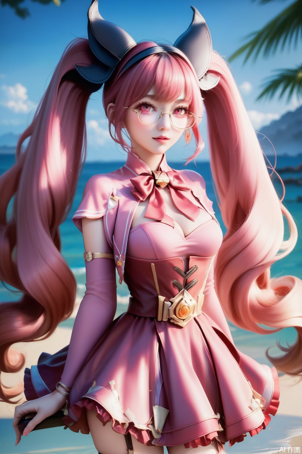 score_9,score_8_up,score_7_up,,1girl, solo, long hair, breasts, looking at viewer, bangs, dress, bow, twintails, very long hair, pink hair, detached sleeves, glasses, bowtie, pink eyes, red bow, pink dress,masterpiece,best quality,official art,extremely detailed CG unity 8k wallpaper,Thigh exposed,thighhighs,looking at viewer,on the beach,on the beach,
