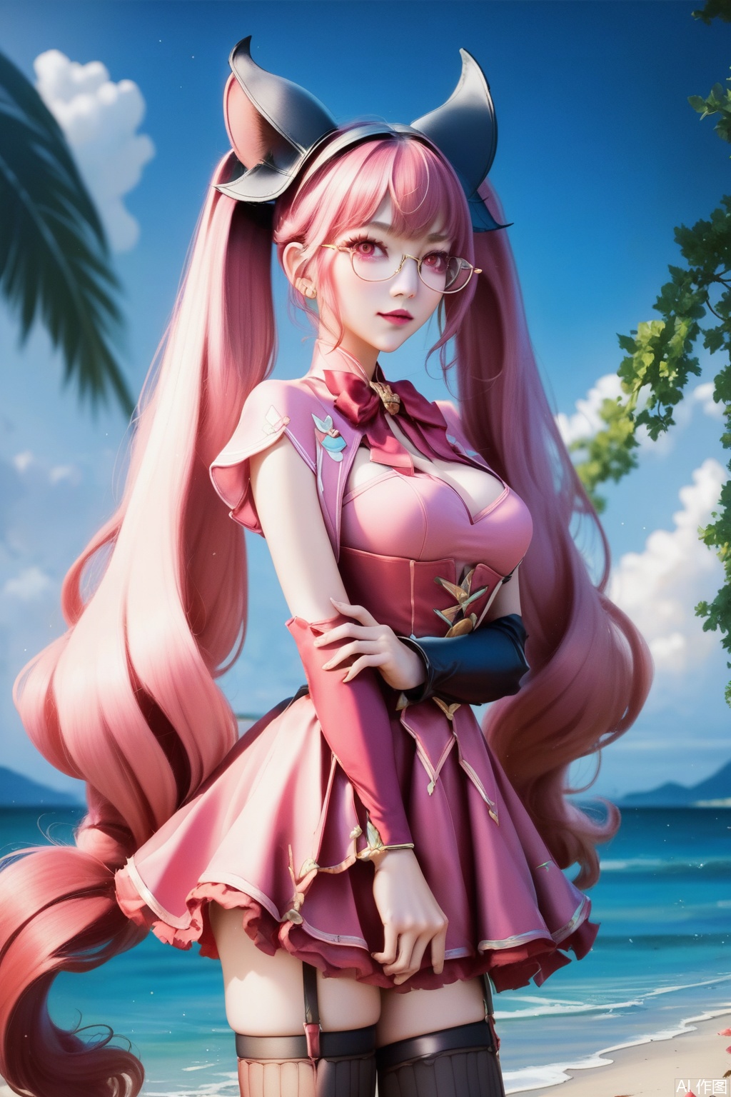 score_9,score_8_up,score_7_up,,1girl, solo, long hair, breasts, looking at viewer, bangs, dress, bow, twintails, very long hair, pink hair, detached sleeves, glasses, bowtie, pink eyes, red bow, pink dress,masterpiece,best quality,official art,extremely detailed CG unity 8k wallpaper,Thigh exposed,thighhighs,looking at viewer,on the beach,on the beach,
